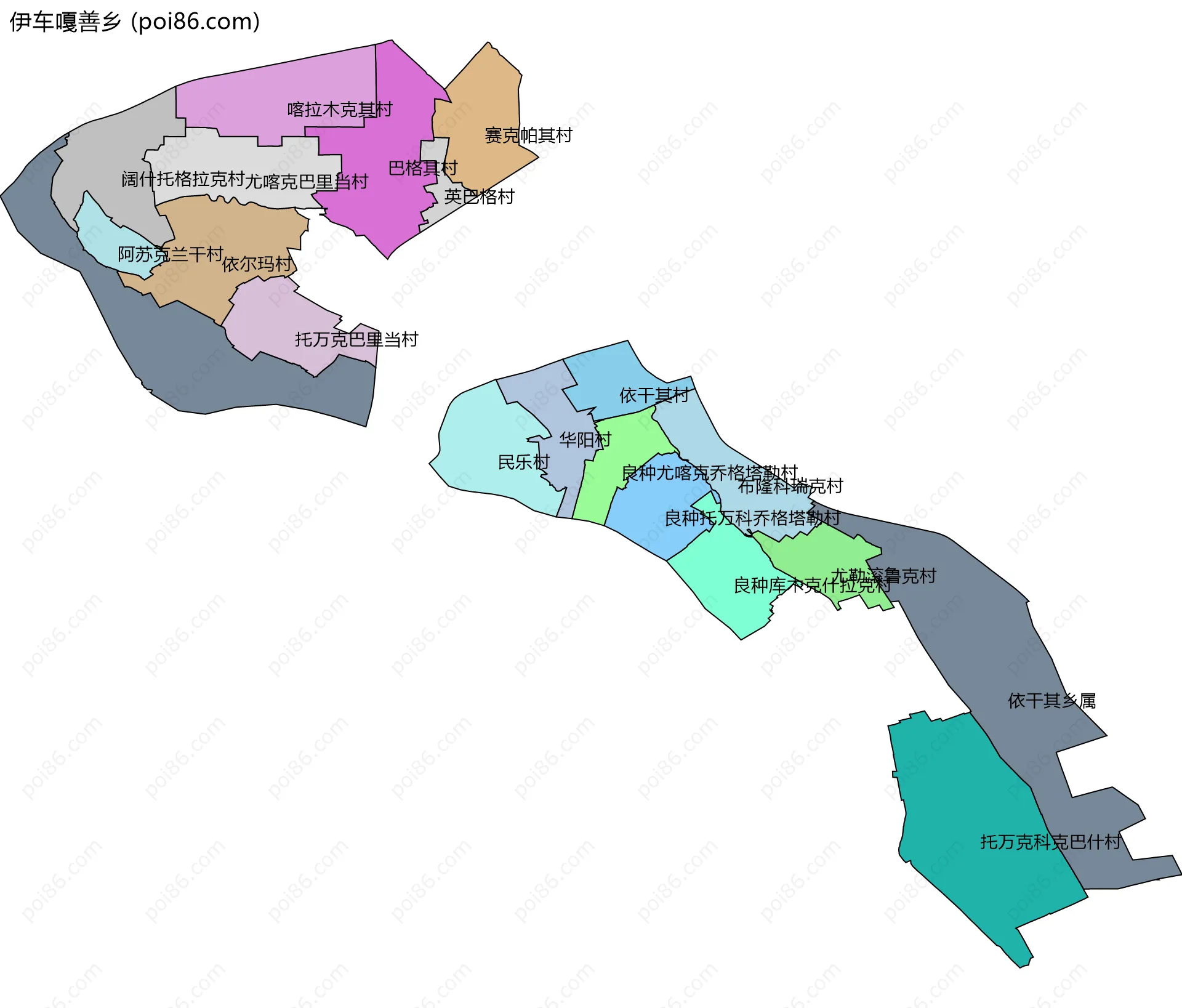 伊车嘎善乡边界地图(五级行政区划)