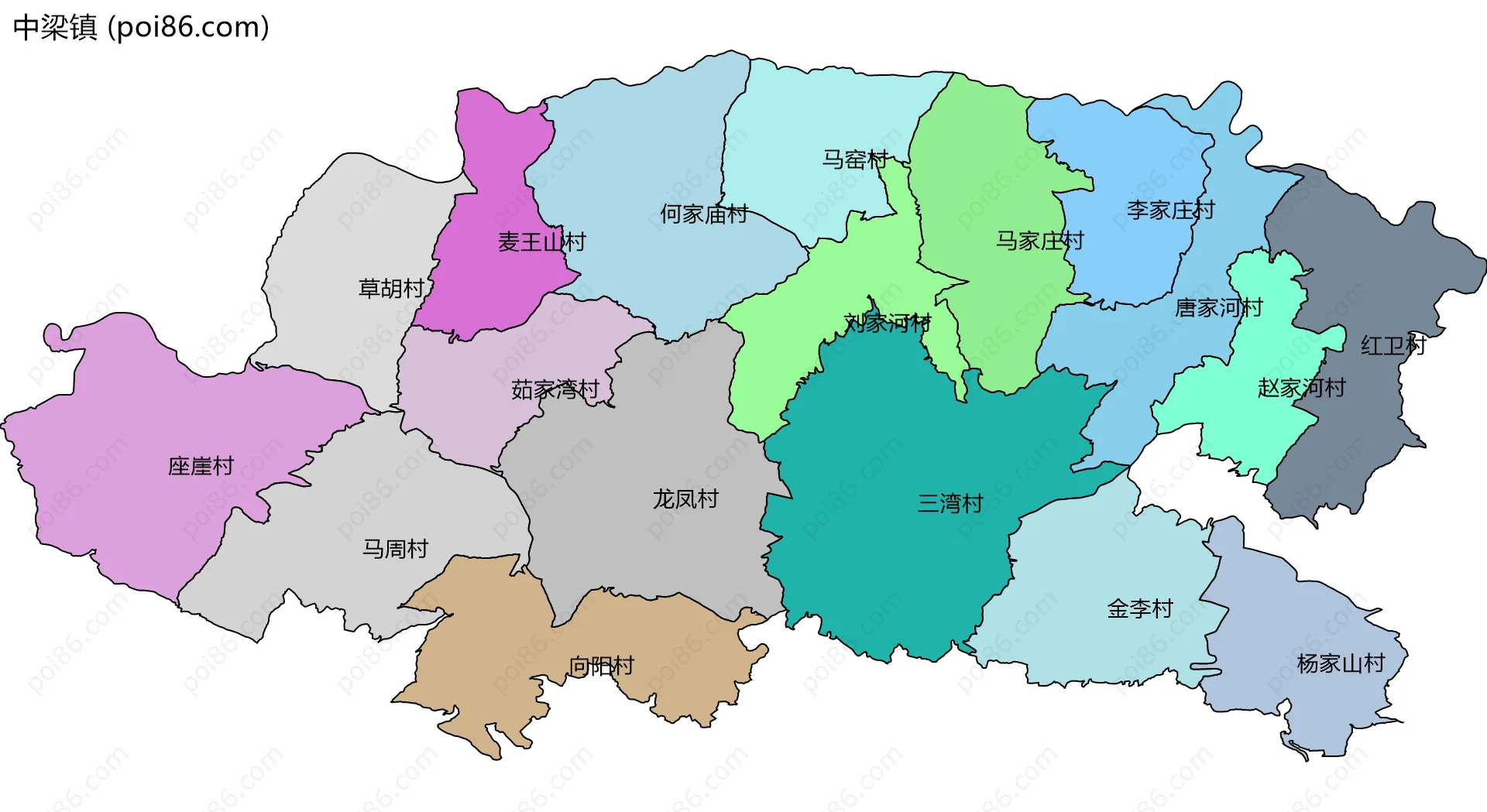 中梁镇边界地图(五级行政区划)