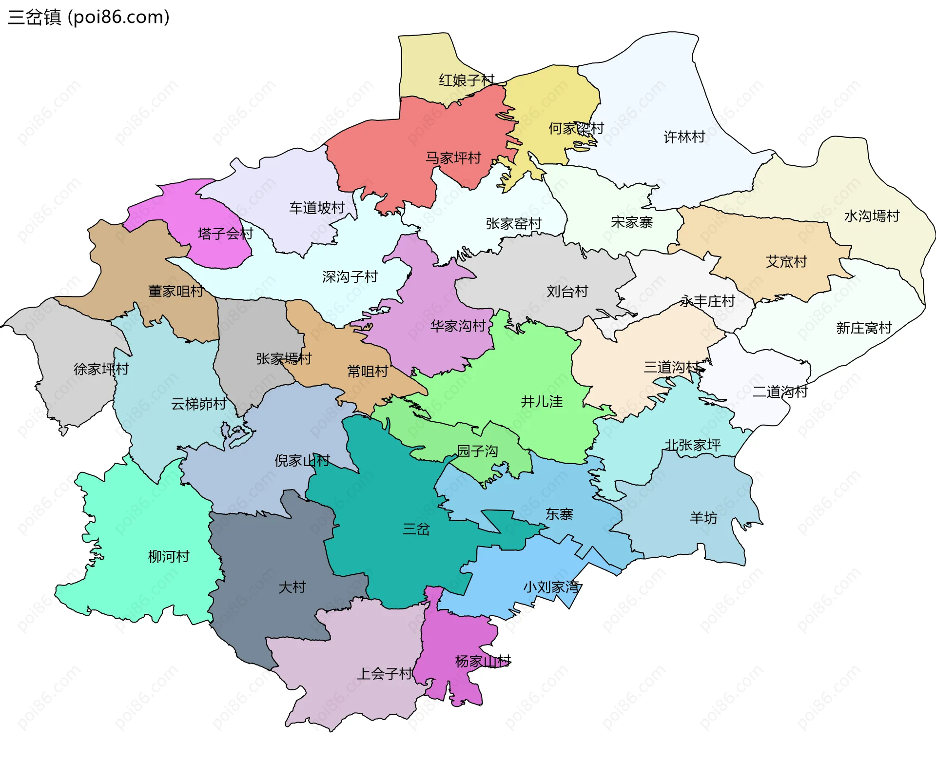 三岔镇边界地图(五级行政区划)