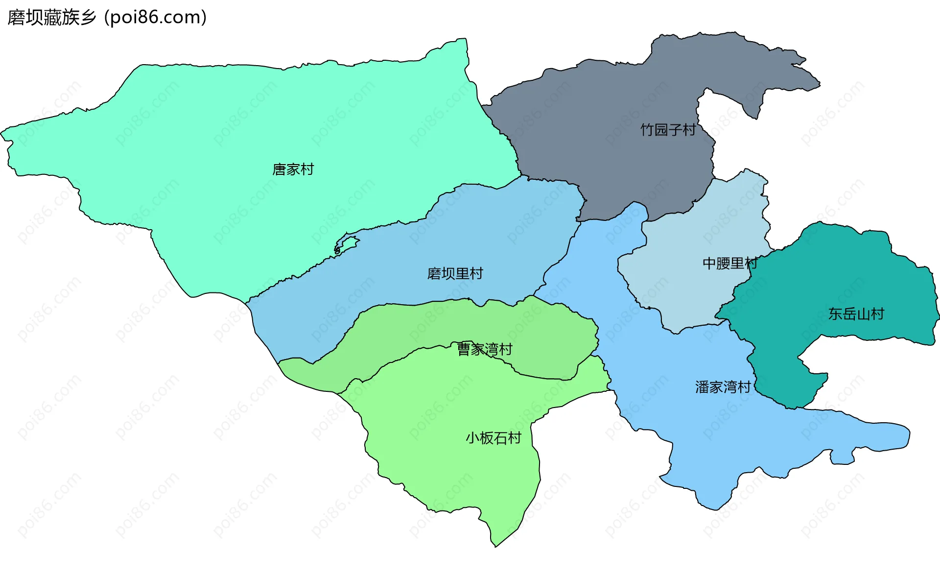 磨坝藏族乡边界地图(五级行政区划)