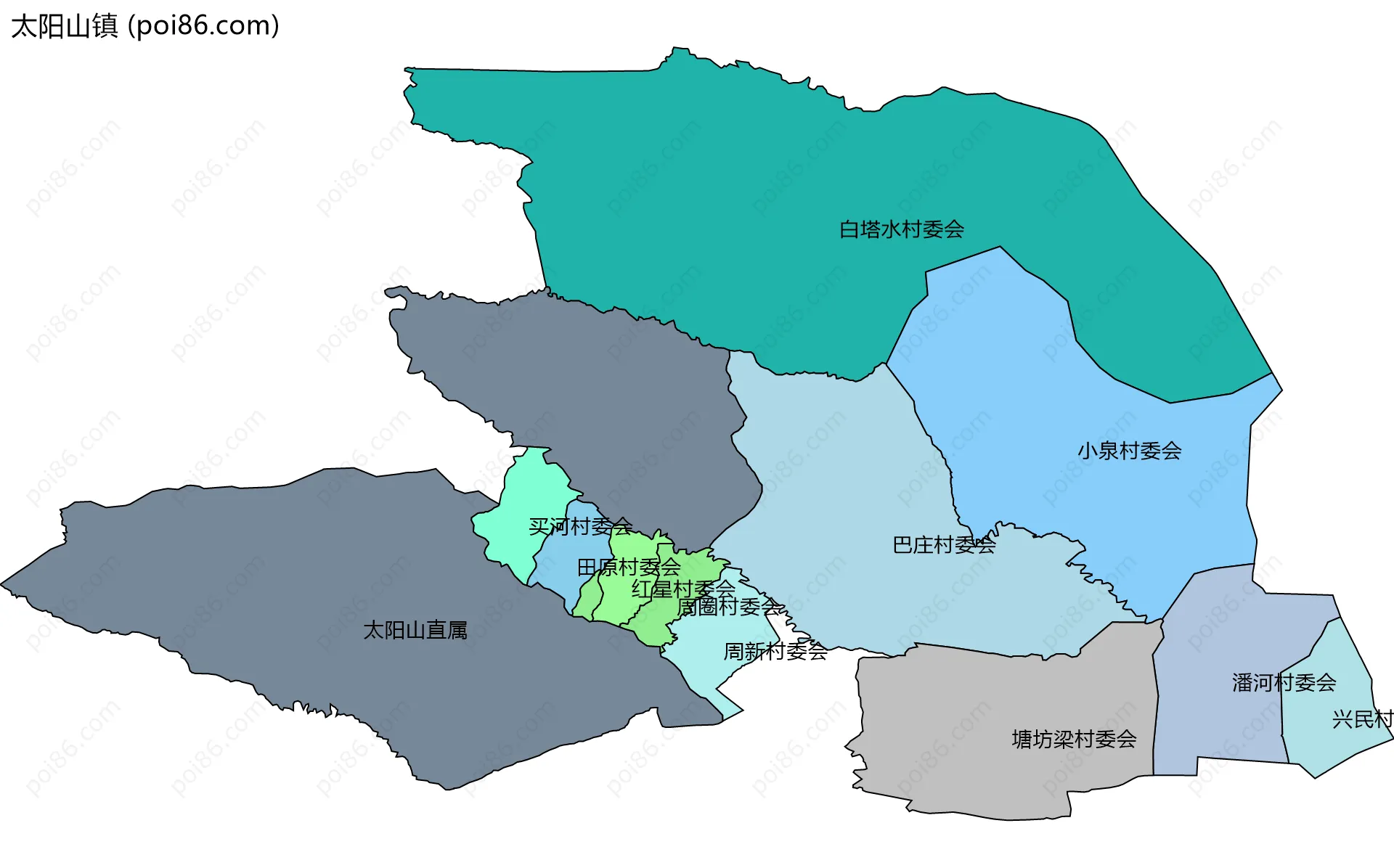 太阳山镇边界地图(五级行政区划)