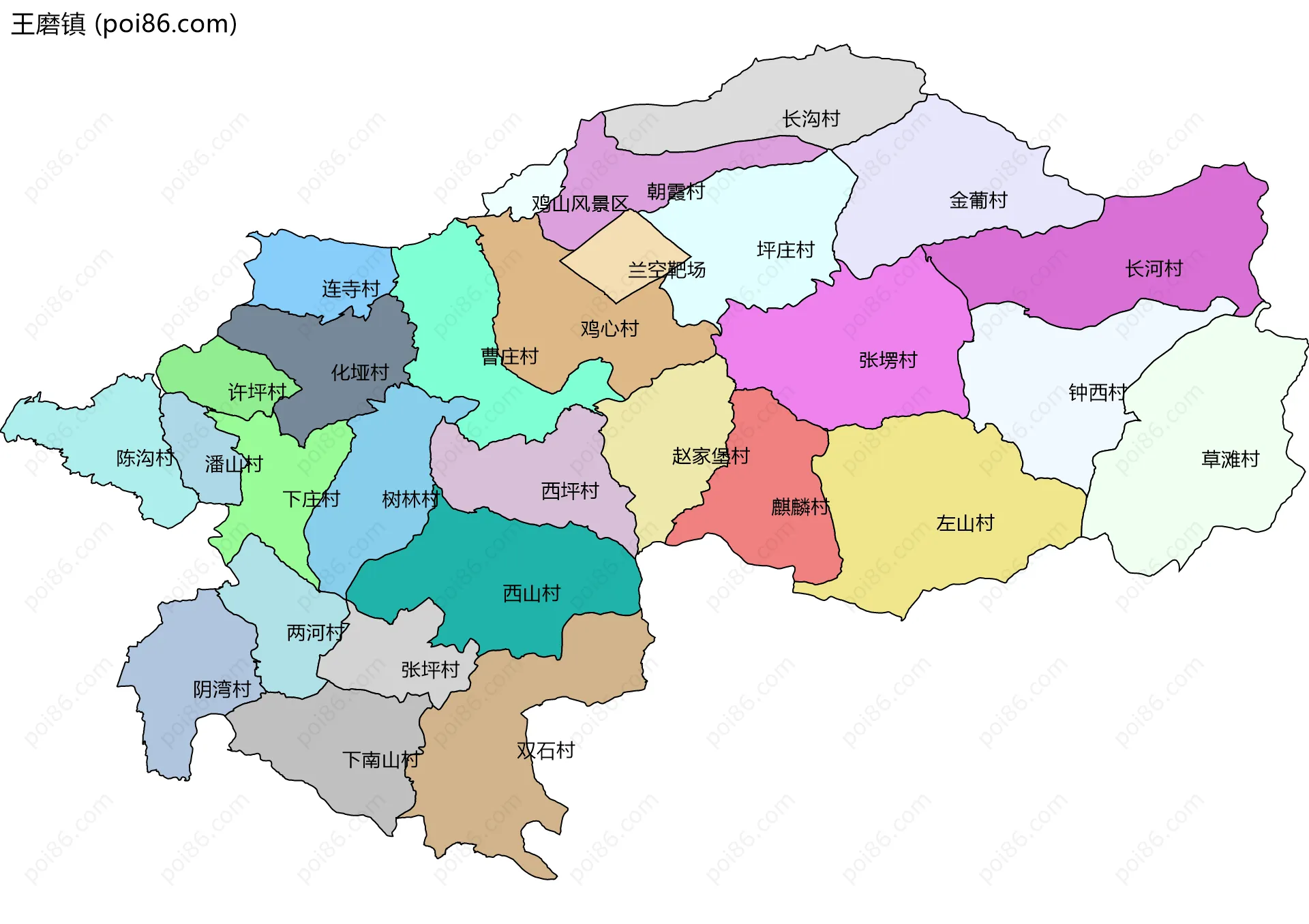 王磨镇边界地图(五级行政区划)