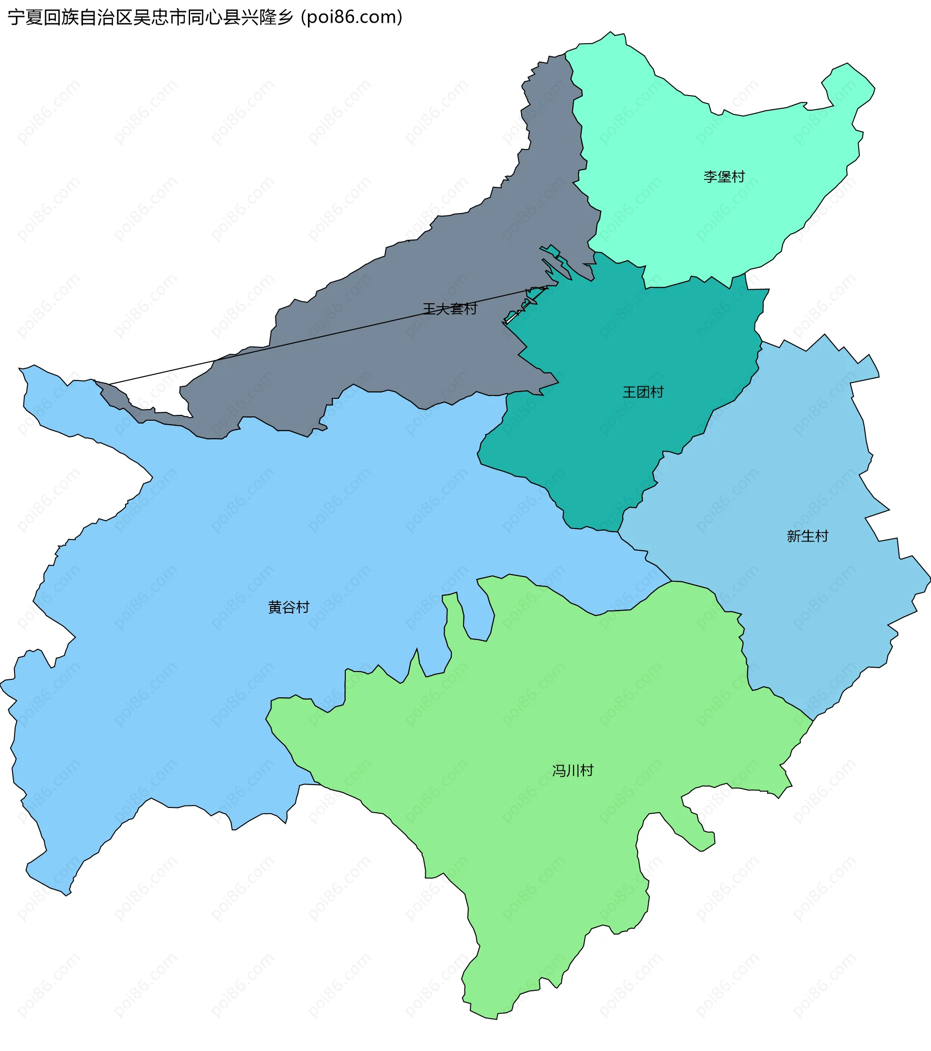 宁夏回族自治区吴忠市同心县兴隆乡边界地图(五级行政区划)