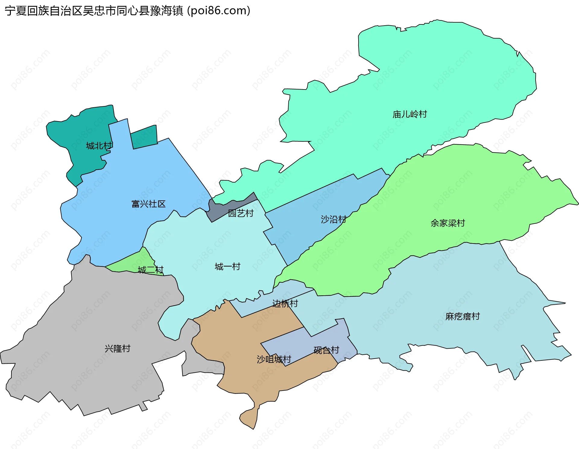 宁夏回族自治区吴忠市同心县豫海镇边界地图(五级行政区划)