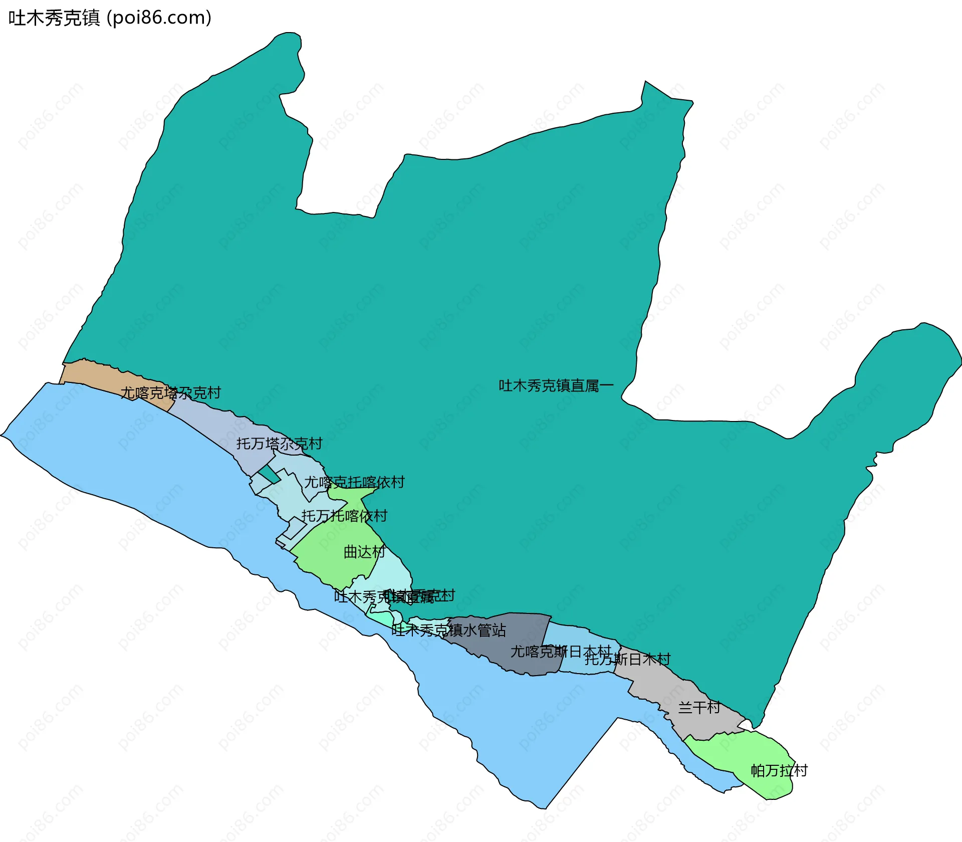 吐木秀克镇边界地图(五级行政区划)