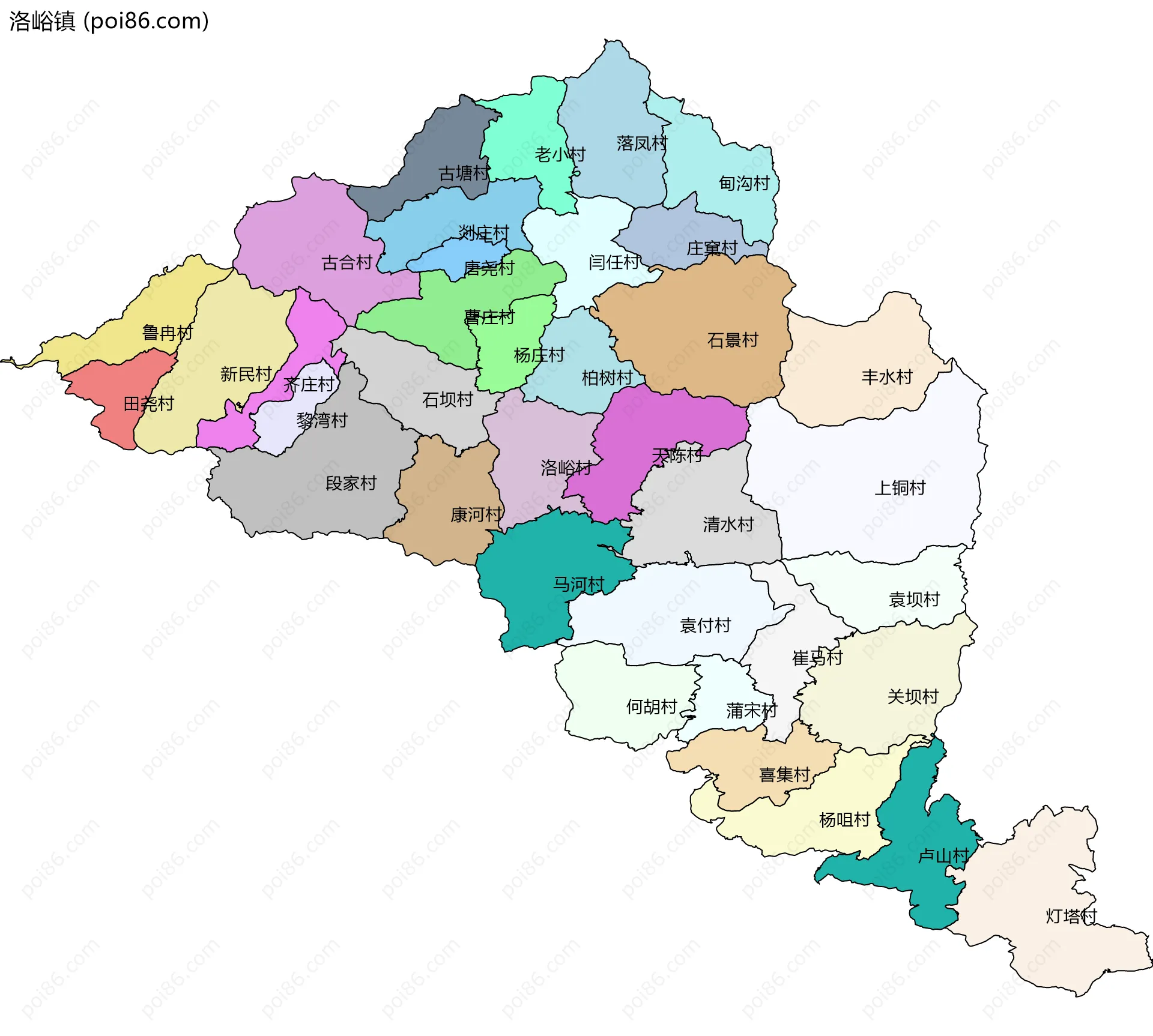 洛峪镇边界地图(五级行政区划)