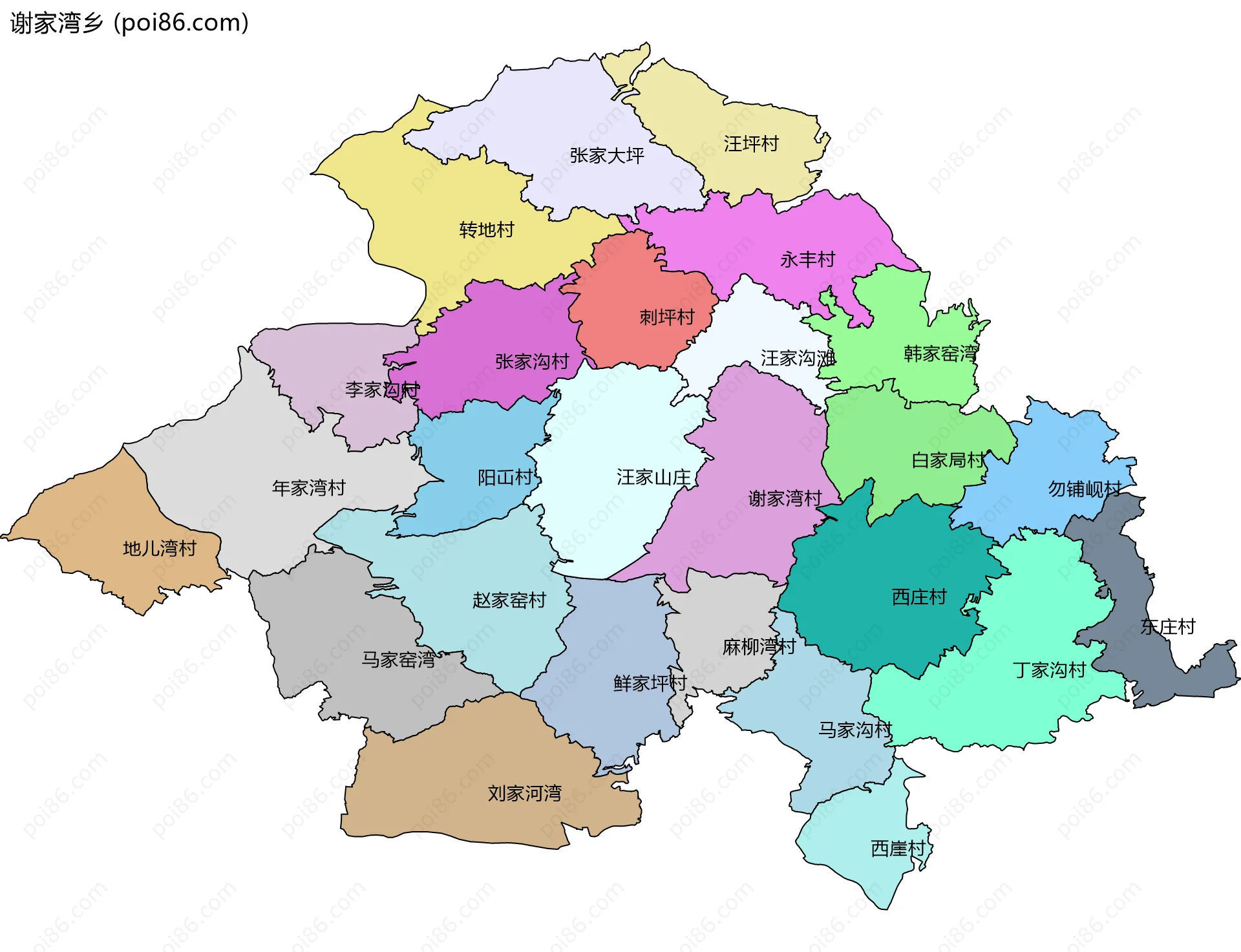 谢家湾乡边界地图(五级行政区划)