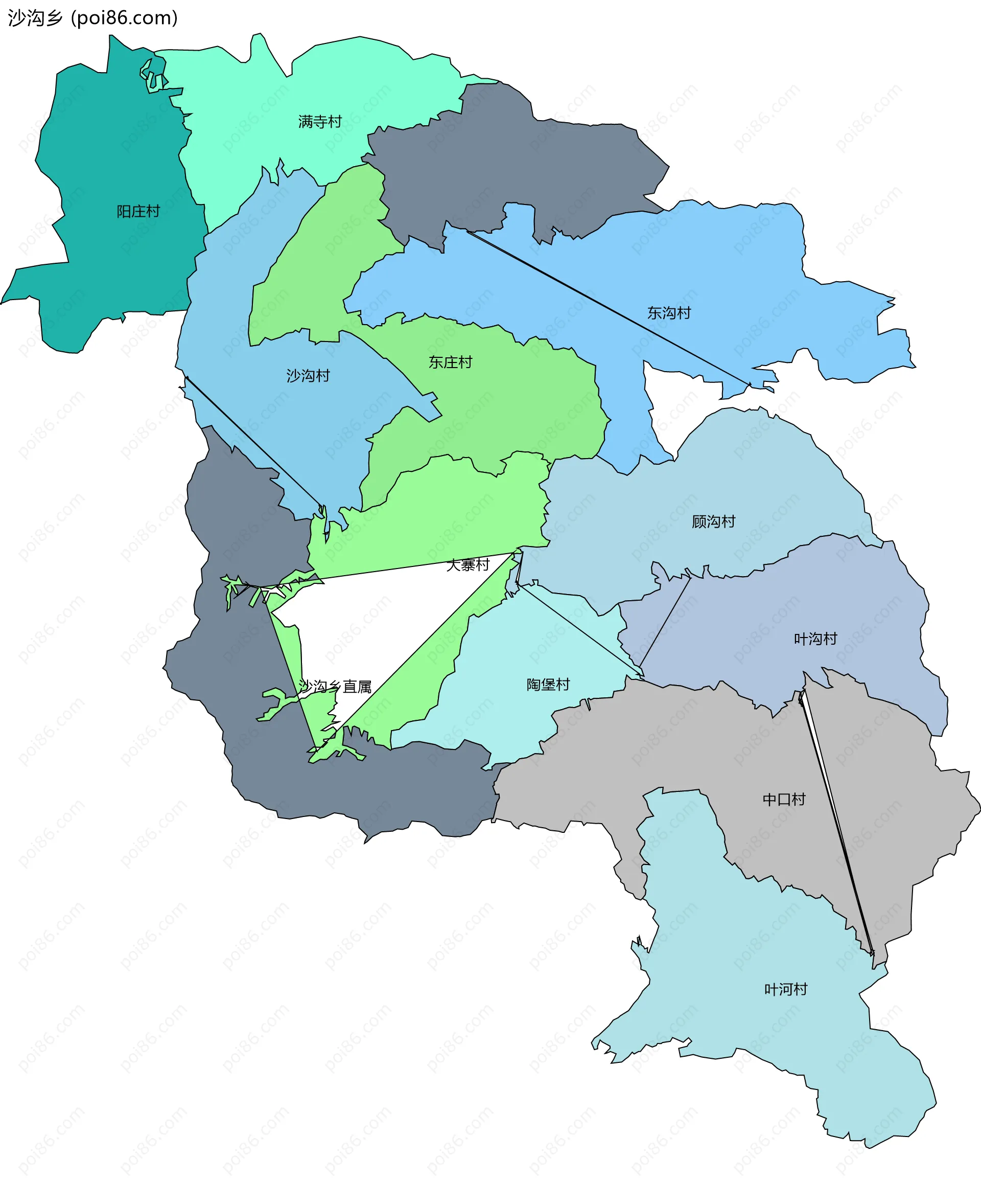 沙沟乡边界地图(五级行政区划)