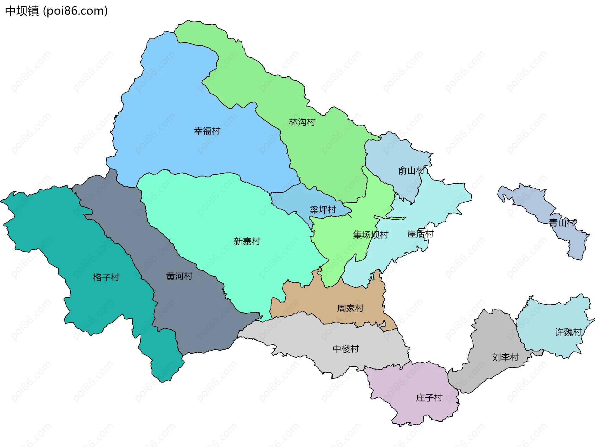 中坝镇边界地图(五级行政区划)