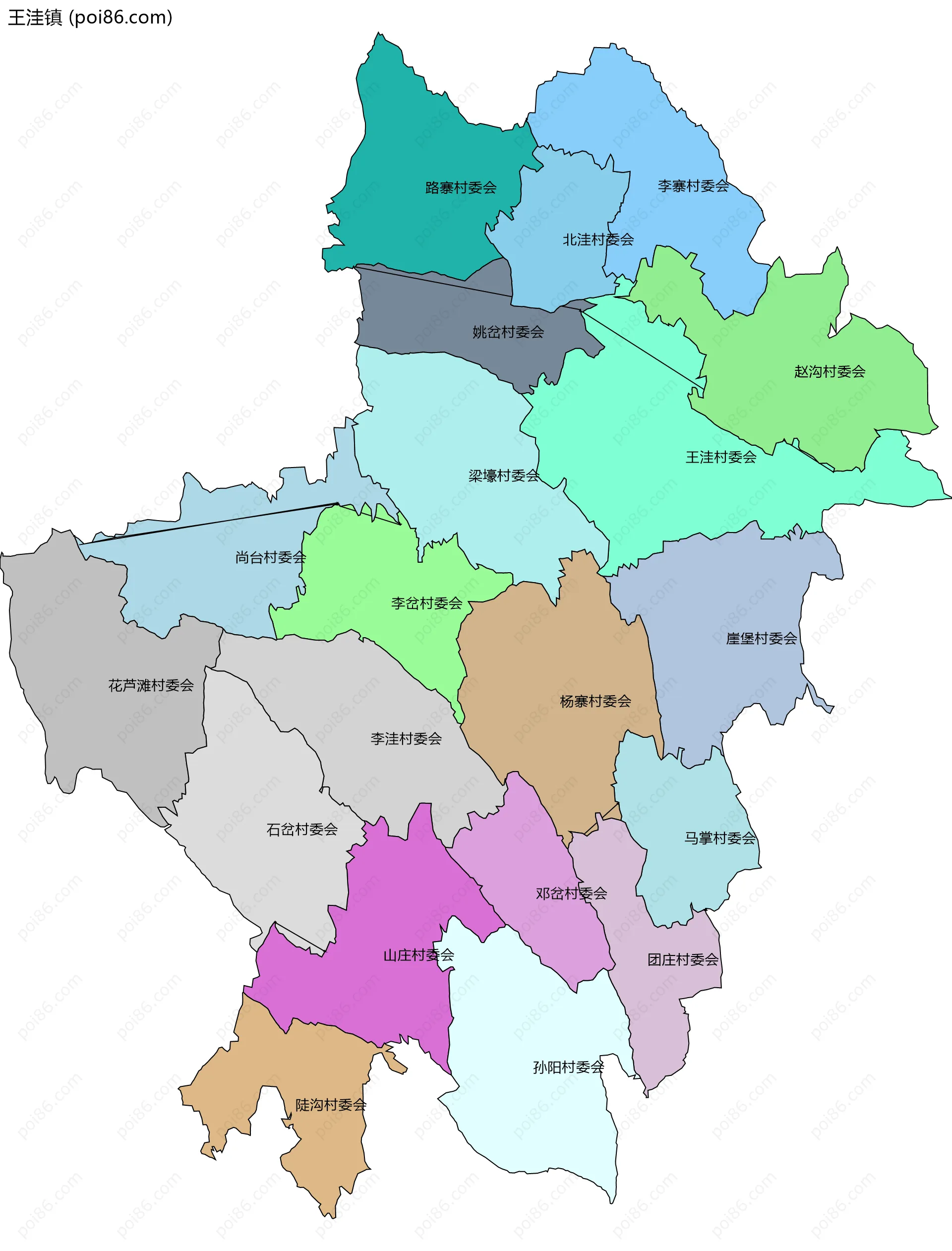 王洼镇边界地图(五级行政区划)