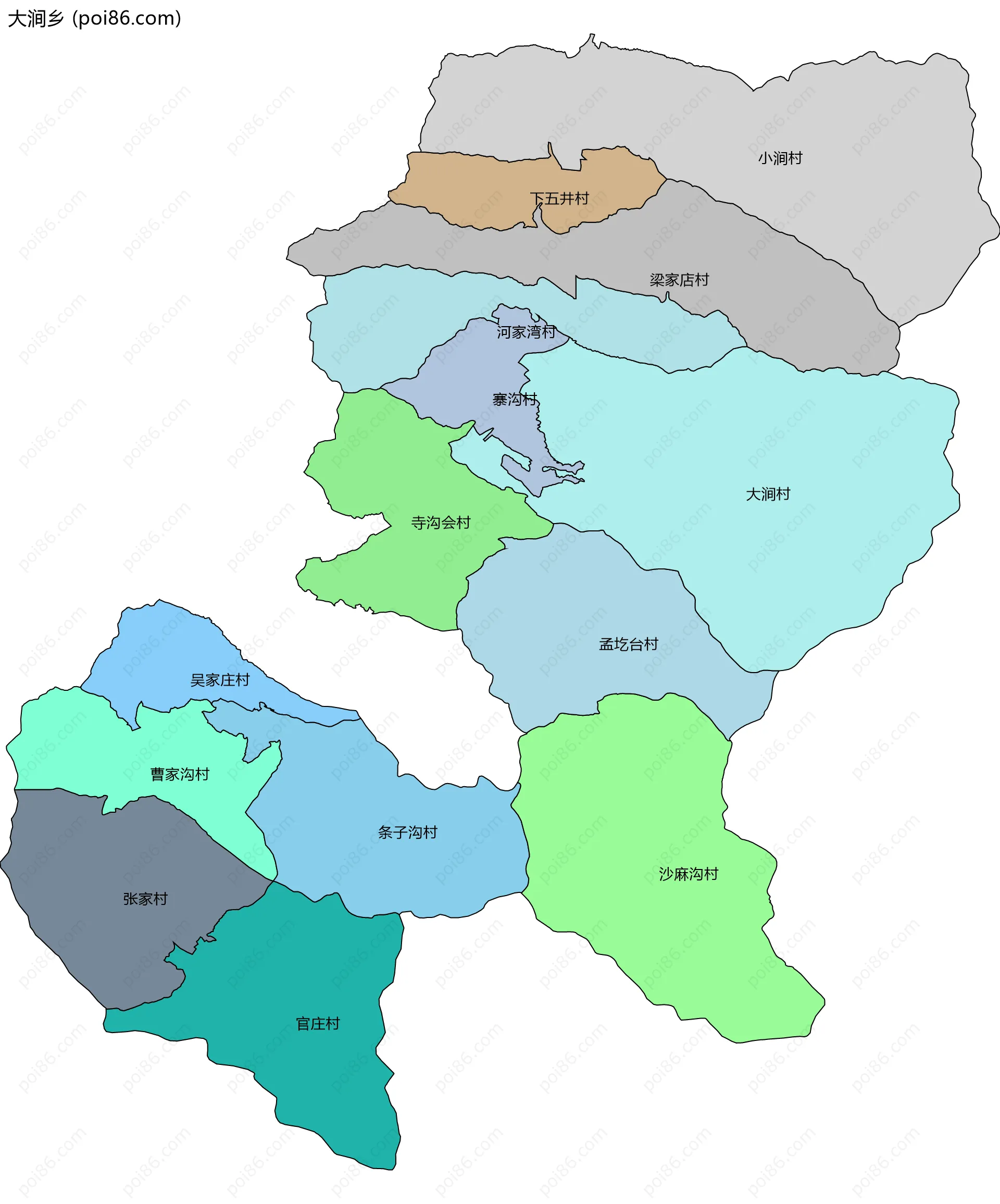 大涧乡边界地图(五级行政区划)