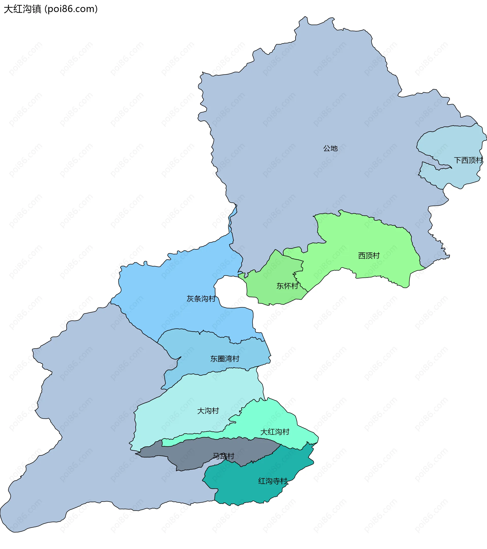 大红沟镇边界地图(五级行政区划)
