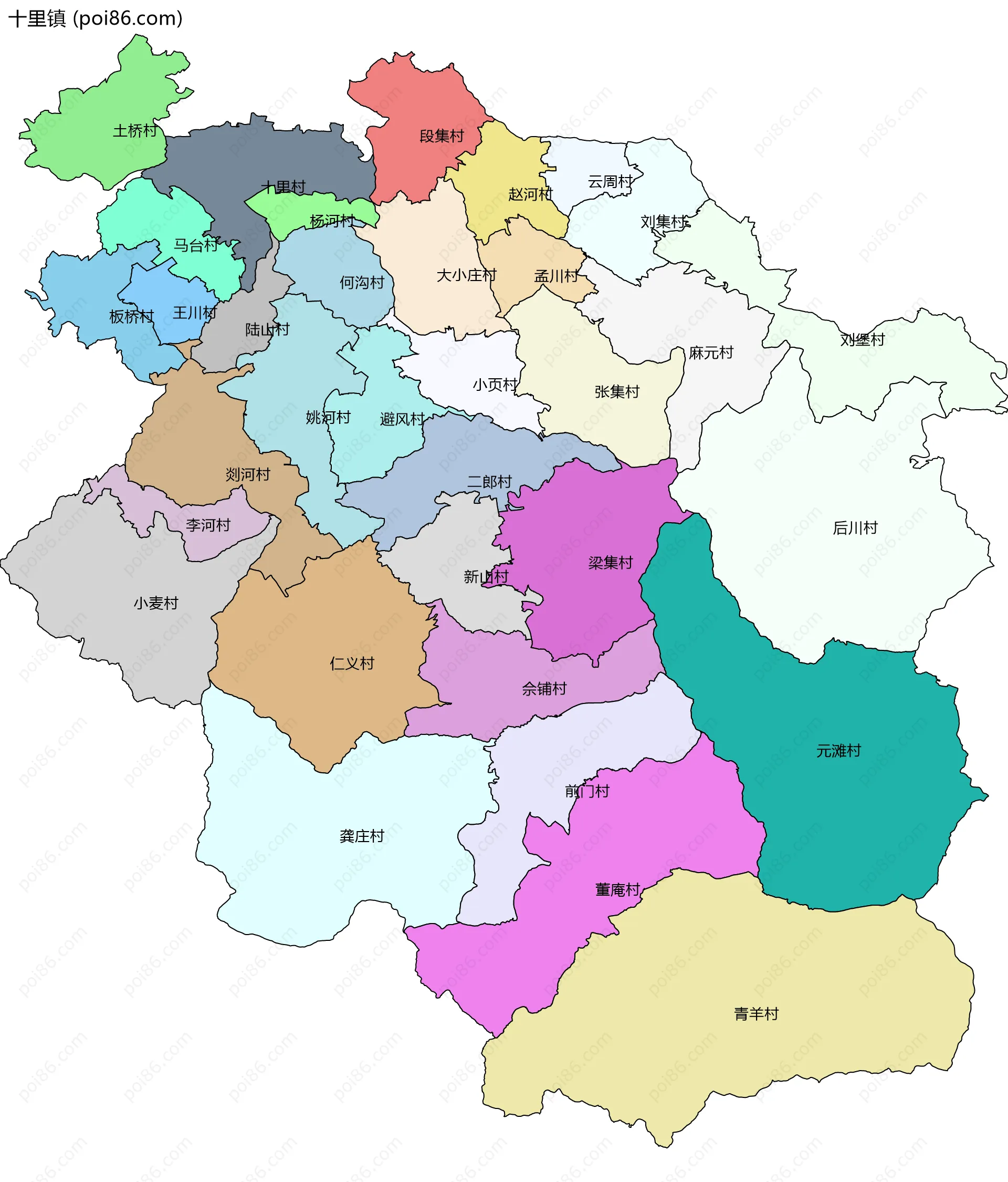 十里镇边界地图(五级行政区划)