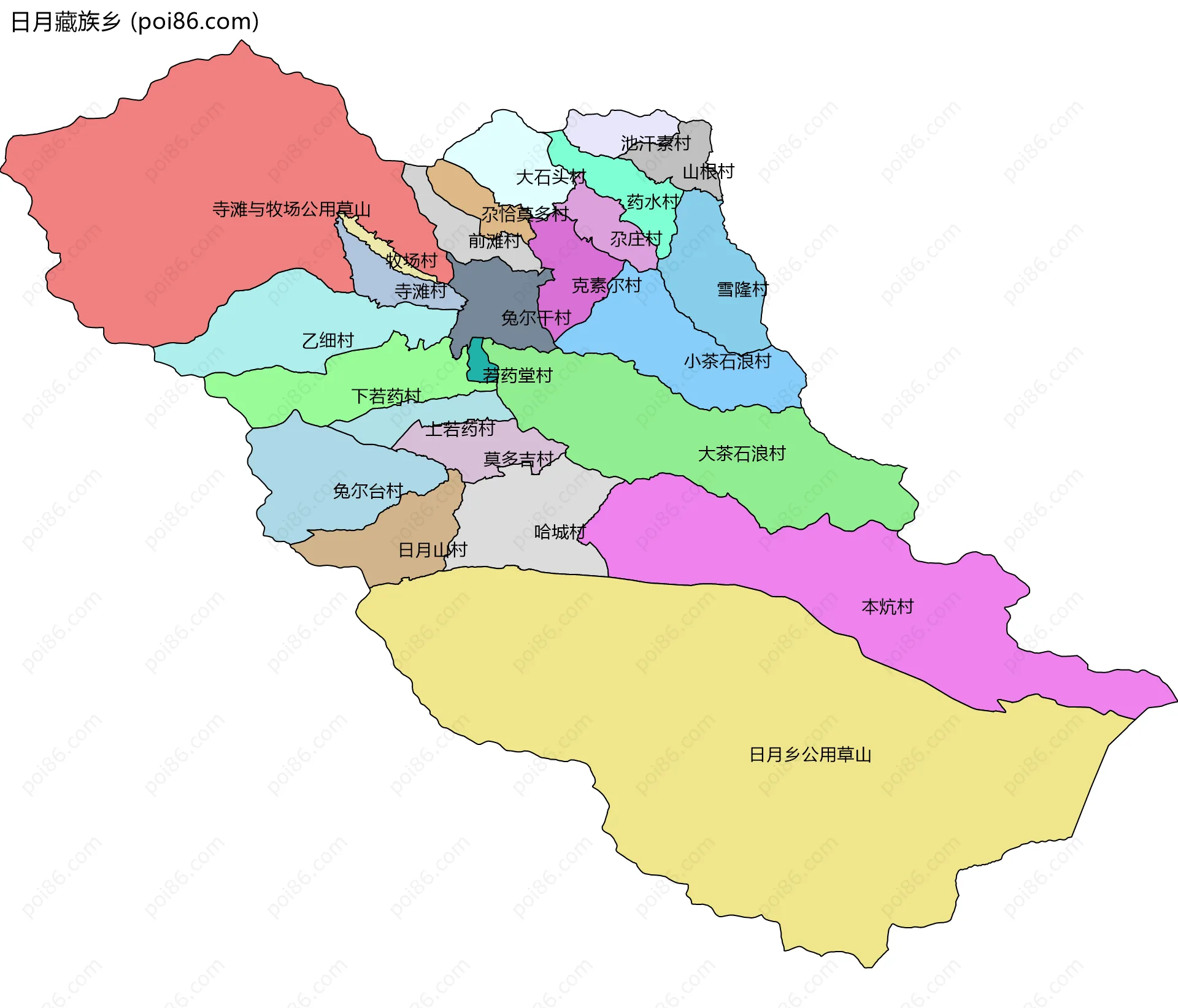 日月藏族乡边界地图(五级行政区划)