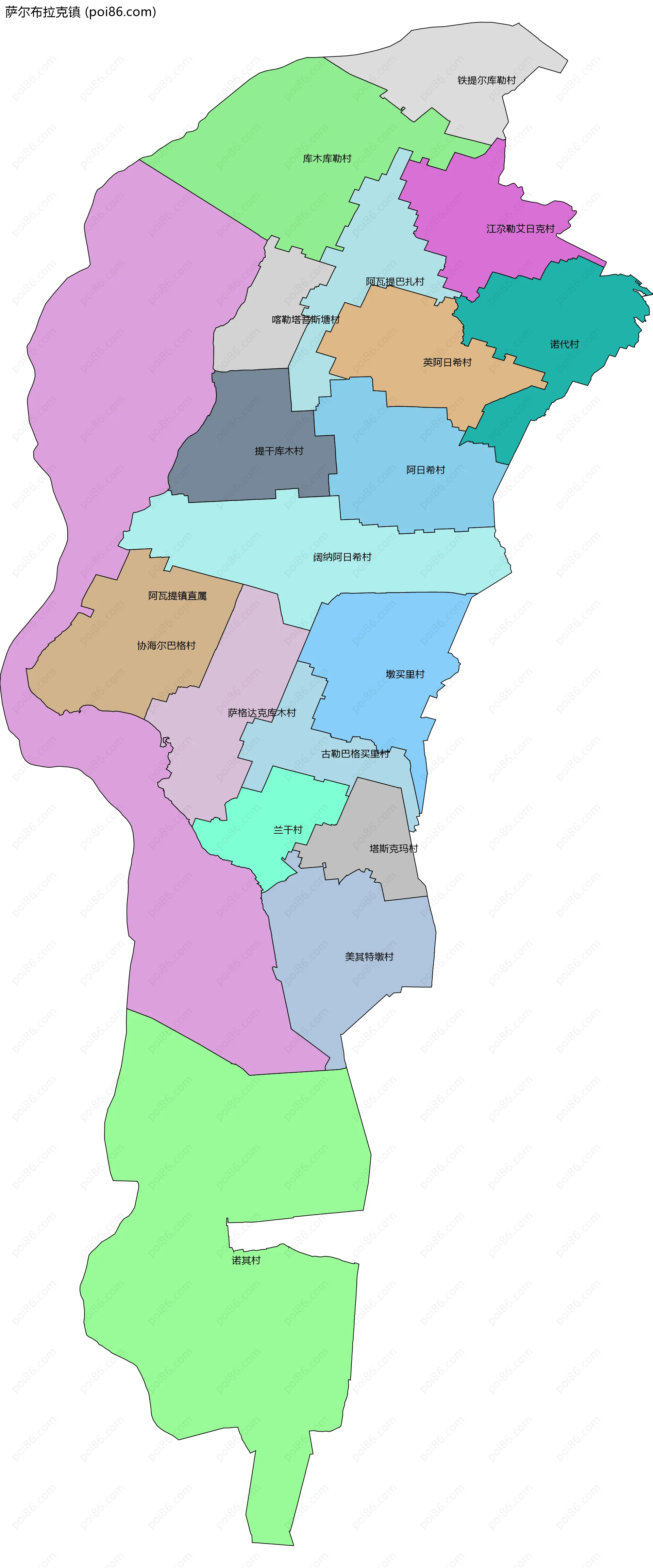 萨尔布拉克镇边界地图(五级行政区划)