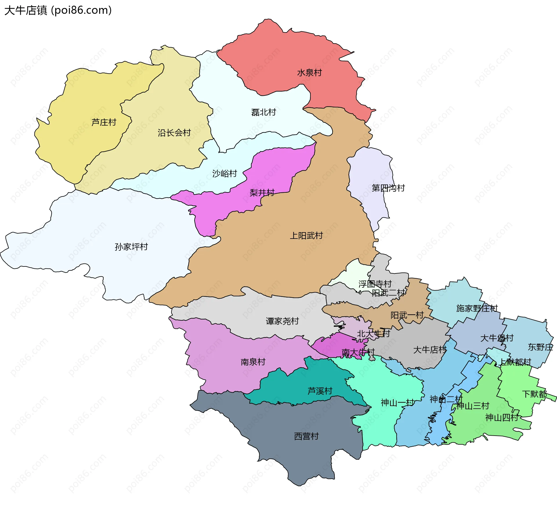 大牛店镇边界地图(五级行政区划)