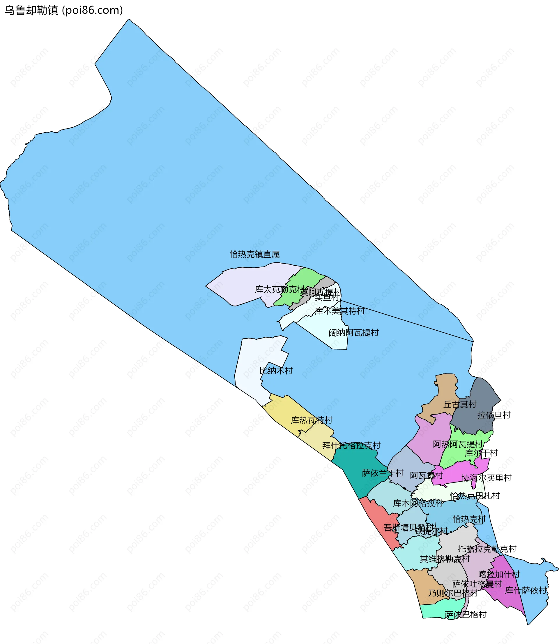 乌鲁却勒镇边界地图(五级行政区划)