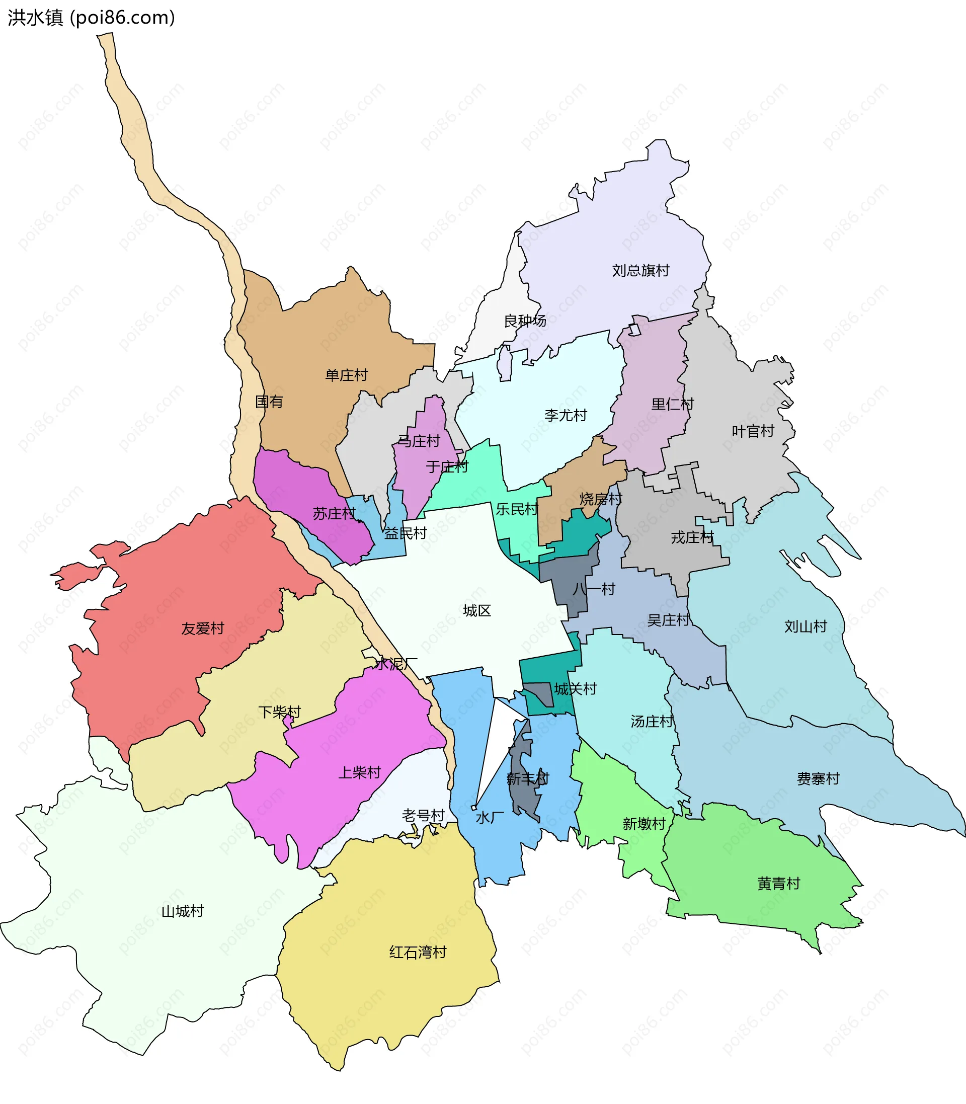 洪水镇边界地图(五级行政区划)