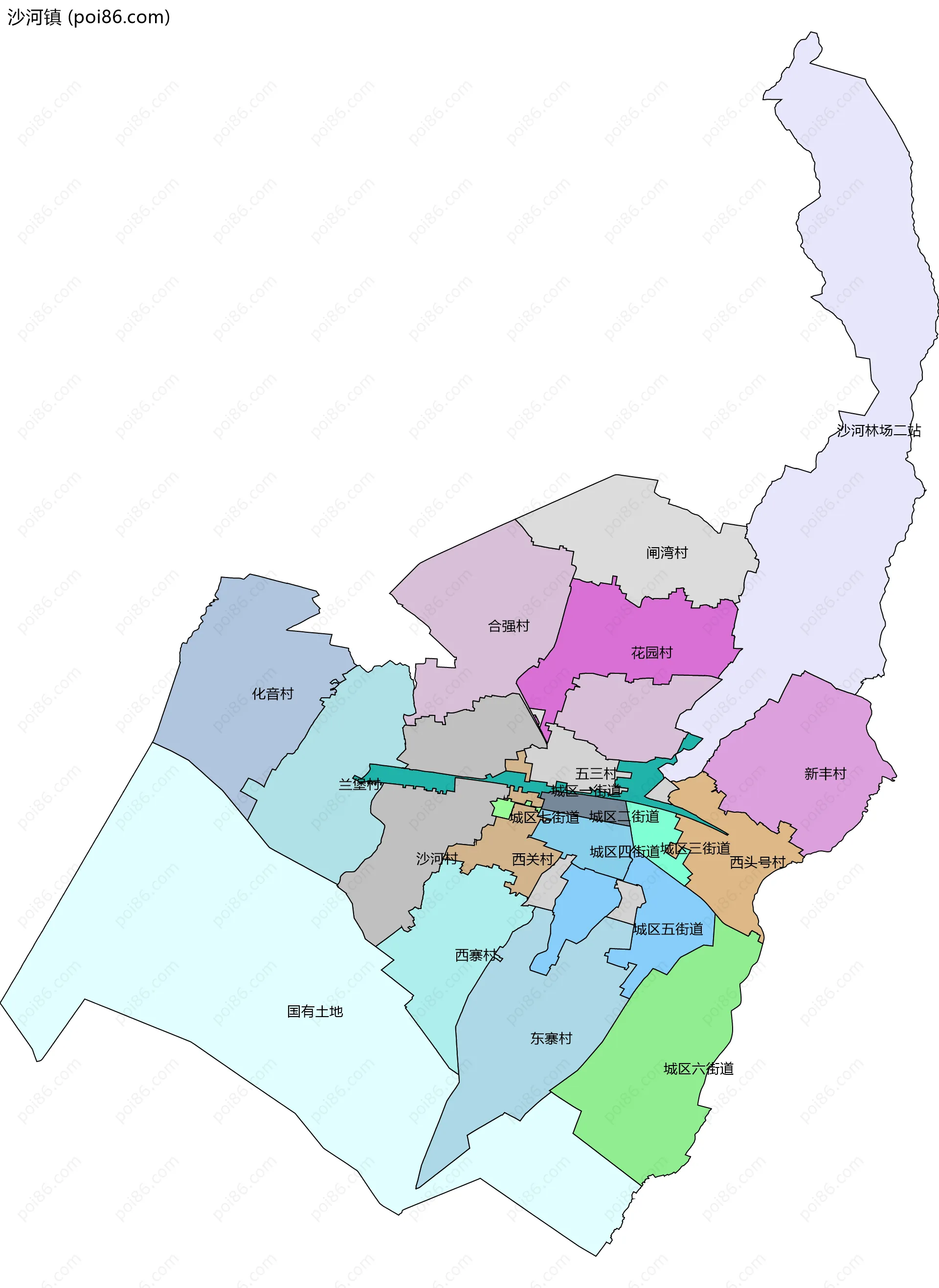 沙河镇边界地图(五级行政区划)