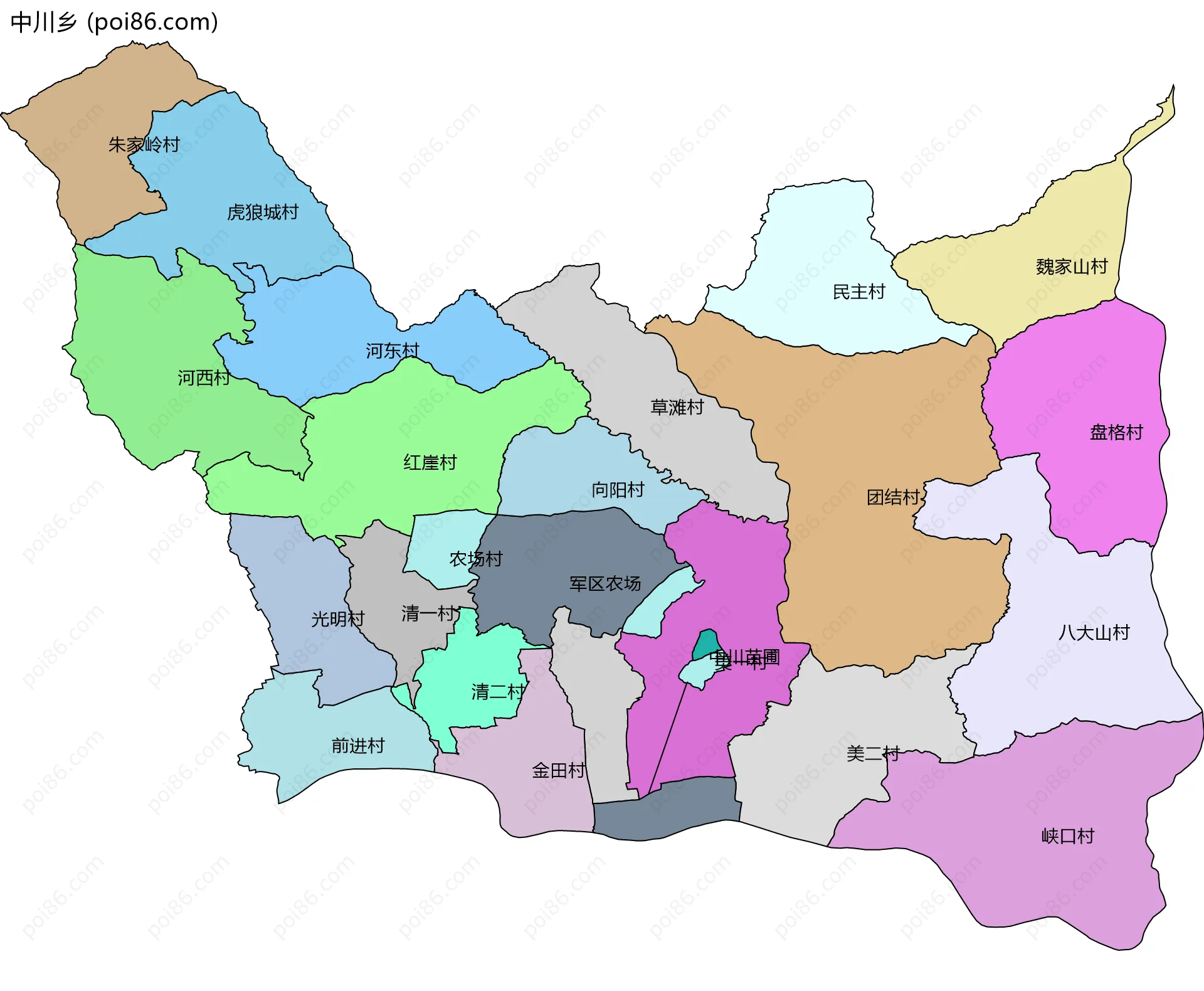 中川乡边界地图(五级行政区划)