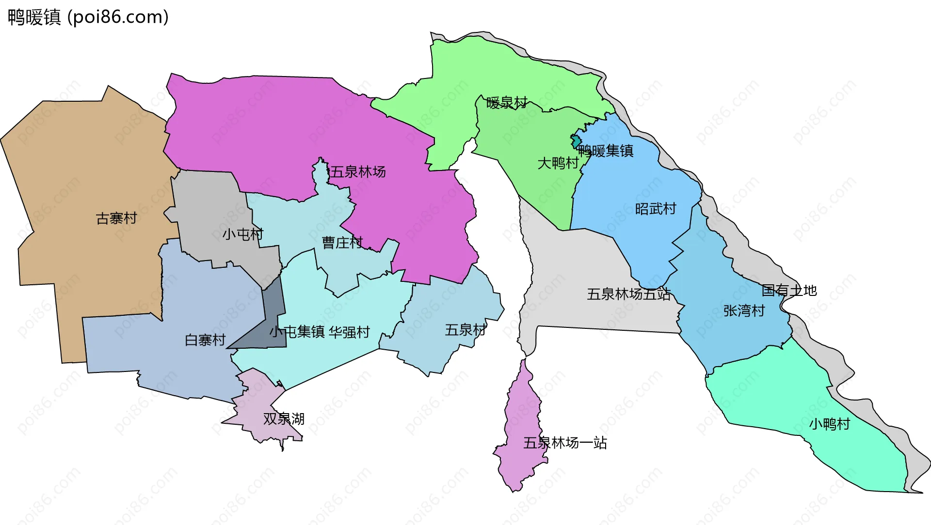 鸭暖镇边界地图(五级行政区划)