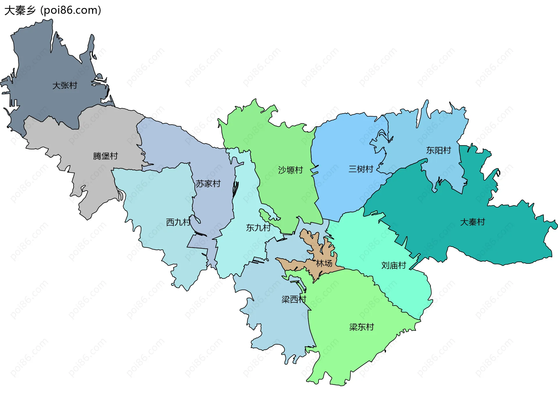 大秦乡边界地图(五级行政区划)