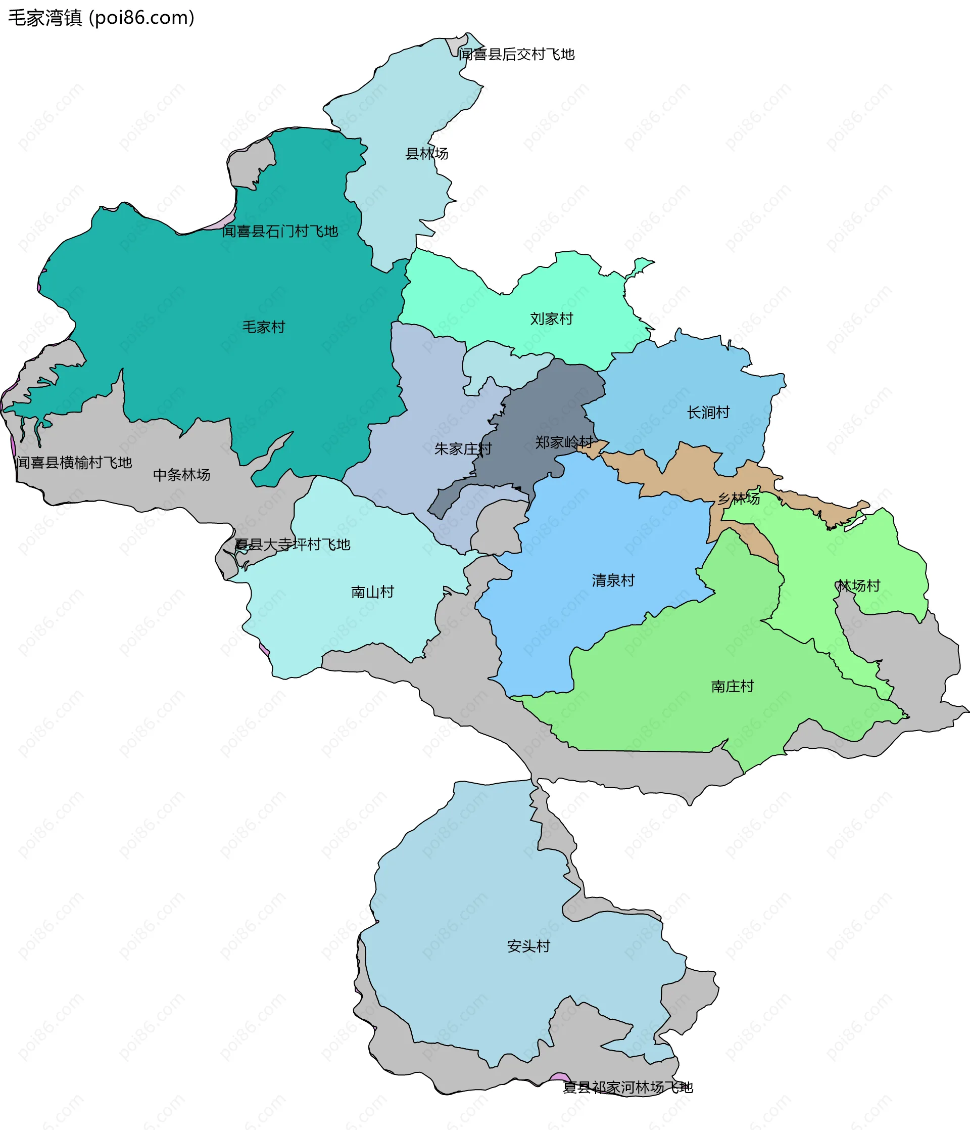 毛家湾镇边界地图(五级行政区划)