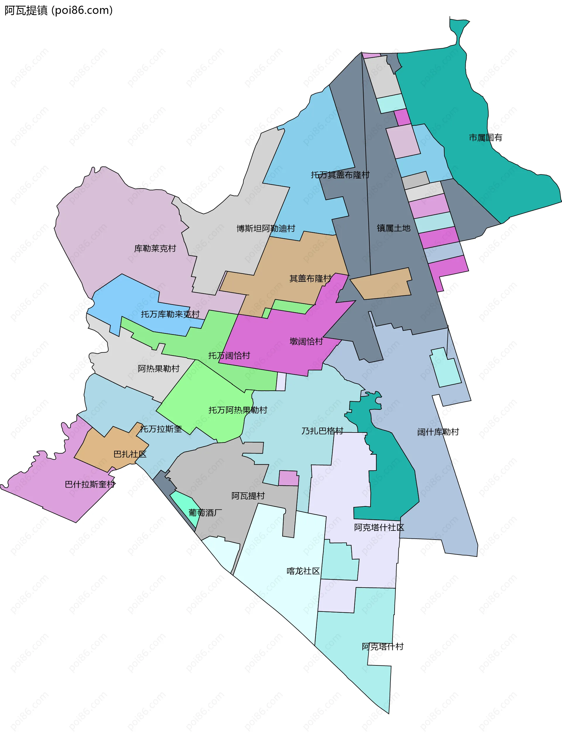 阿瓦提镇边界地图(五级行政区划)