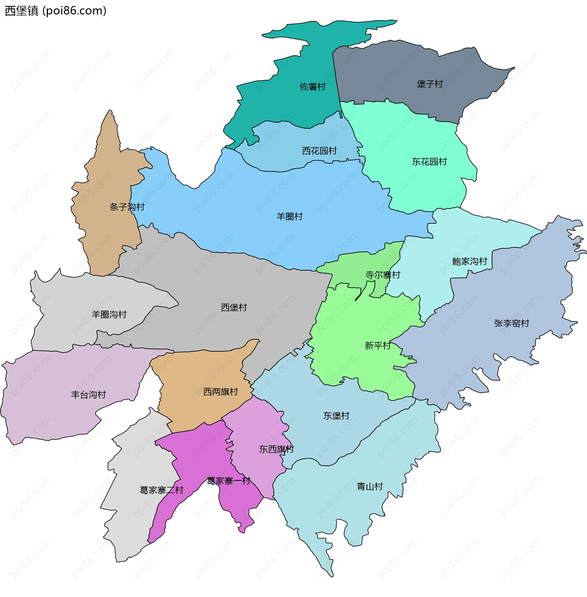 西堡镇边界地图(五级行政区划)