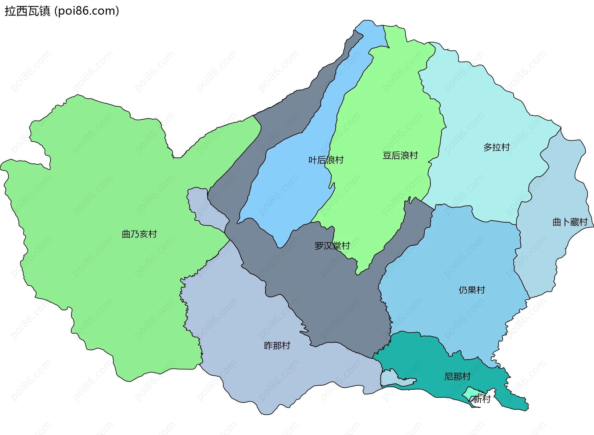 拉西瓦镇边界地图(五级行政区划)