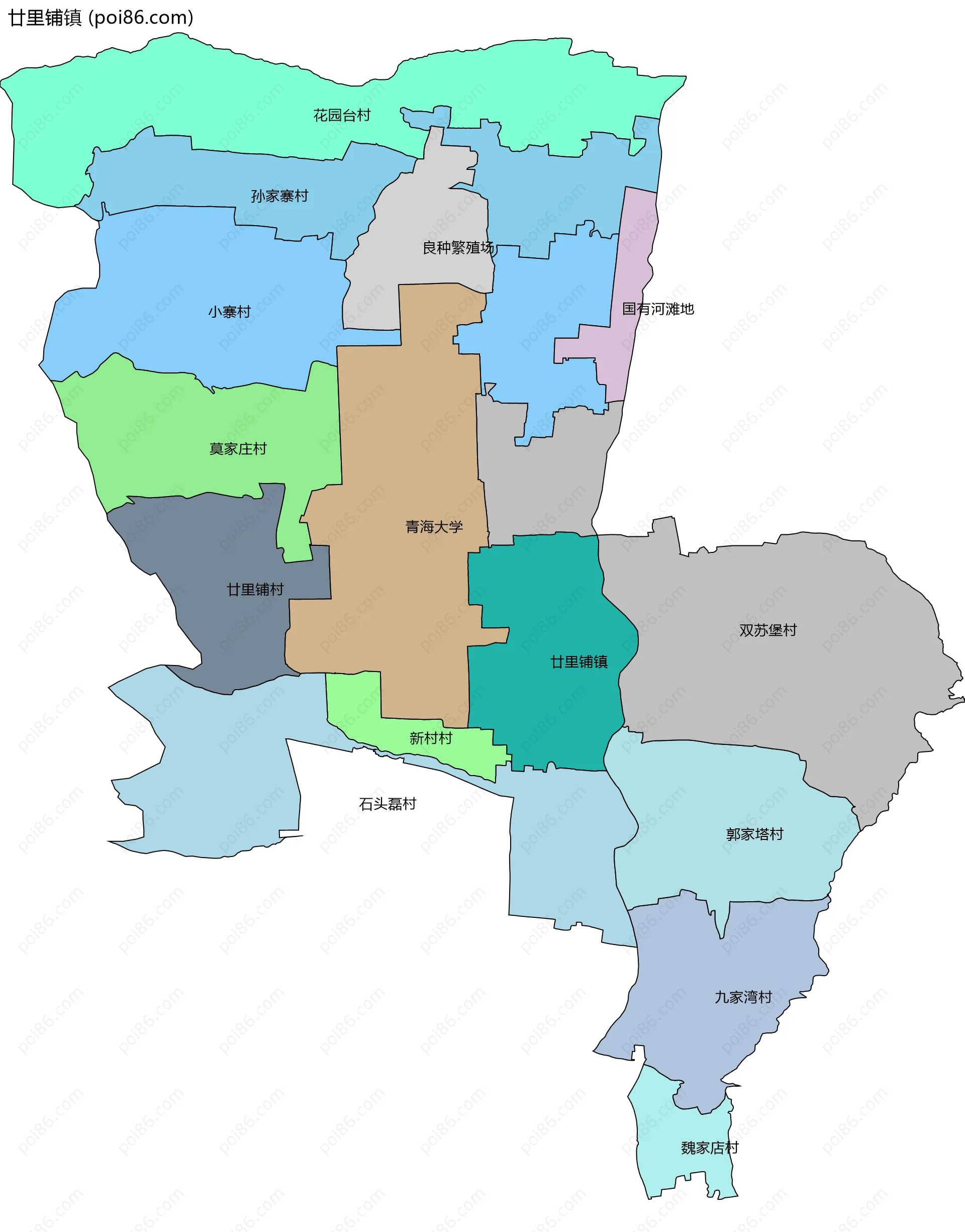 廿里铺镇边界地图(五级行政区划)