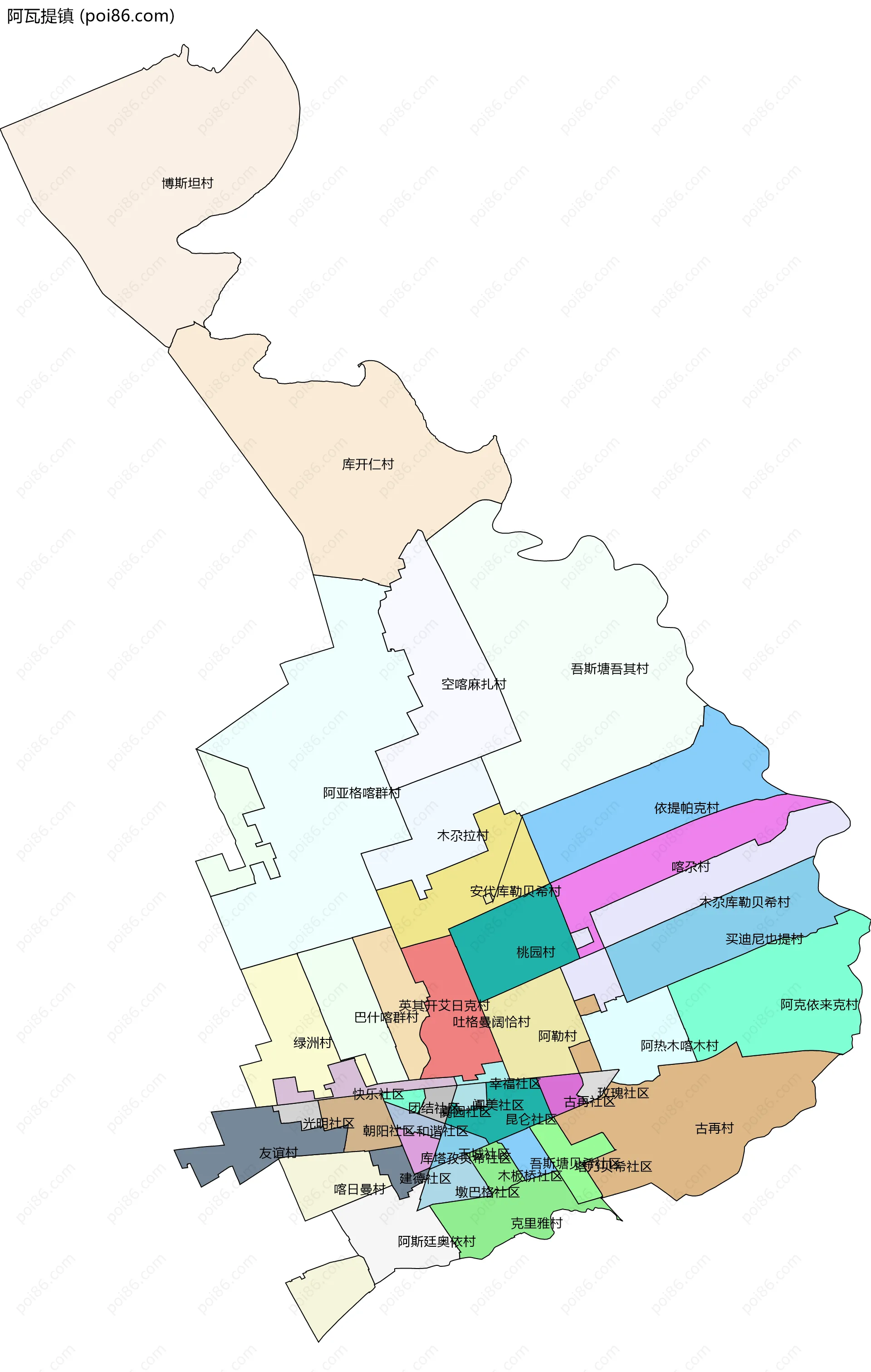 阿瓦提镇边界地图(五级行政区划)