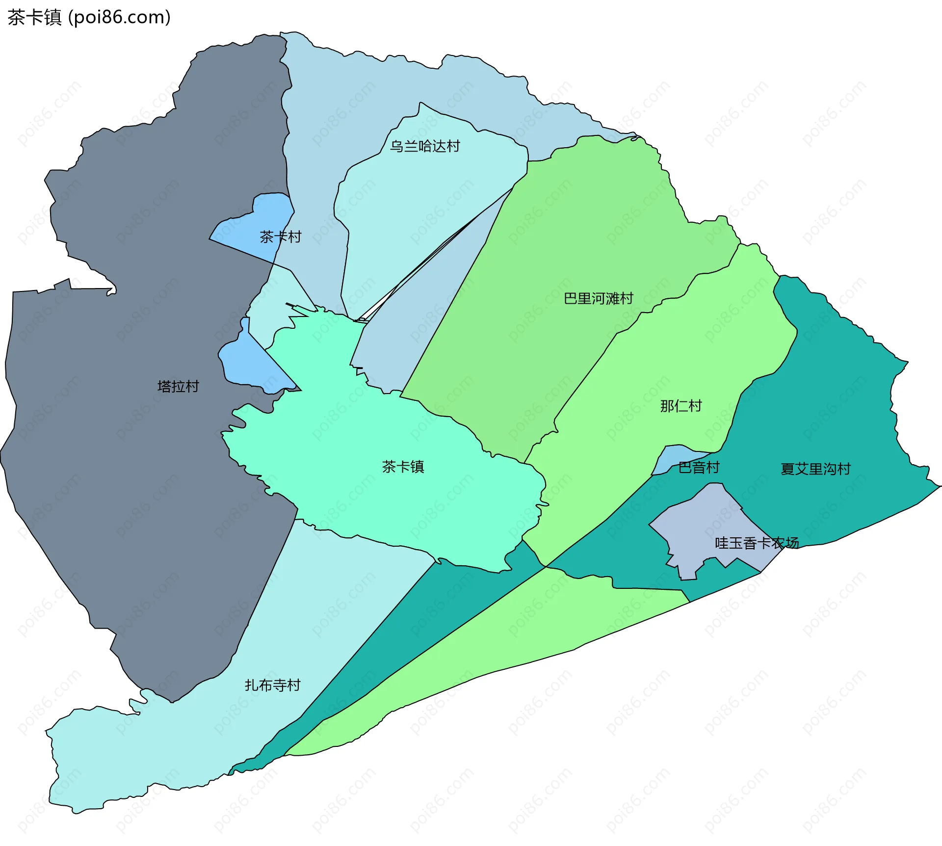 茶卡镇边界地图(五级行政区划)