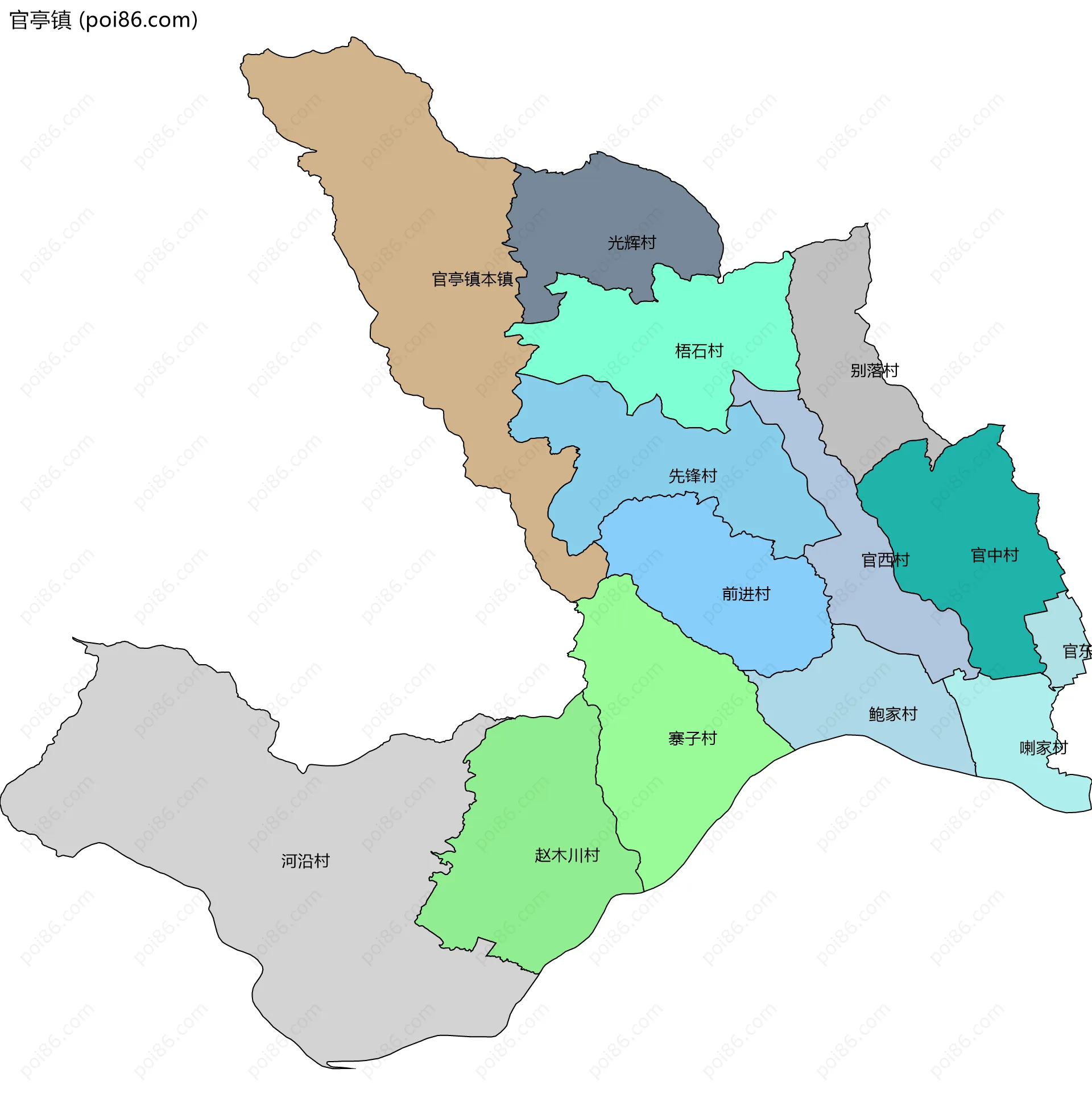 官亭镇边界地图(五级行政区划)