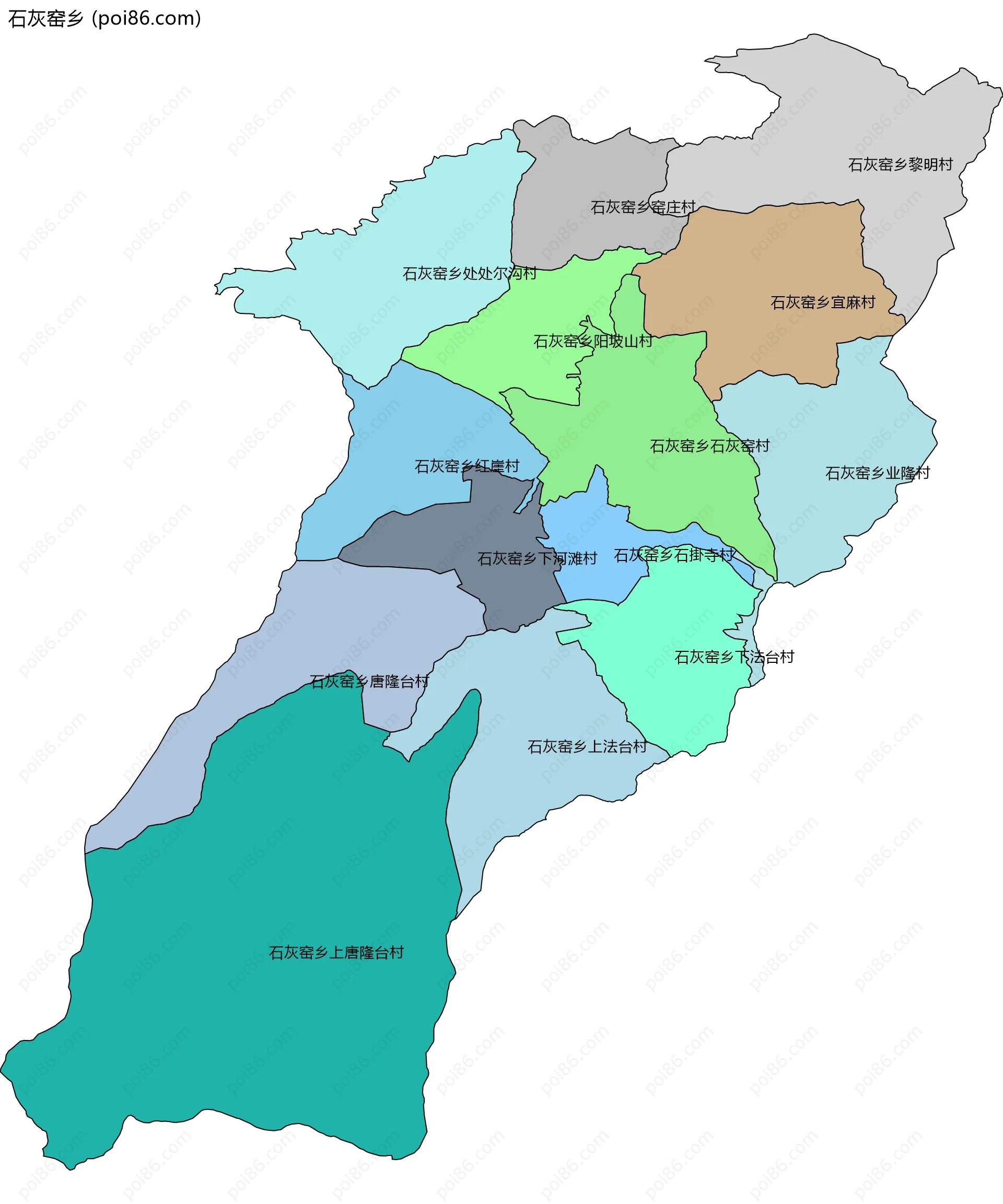 石灰窑乡边界地图(五级行政区划)