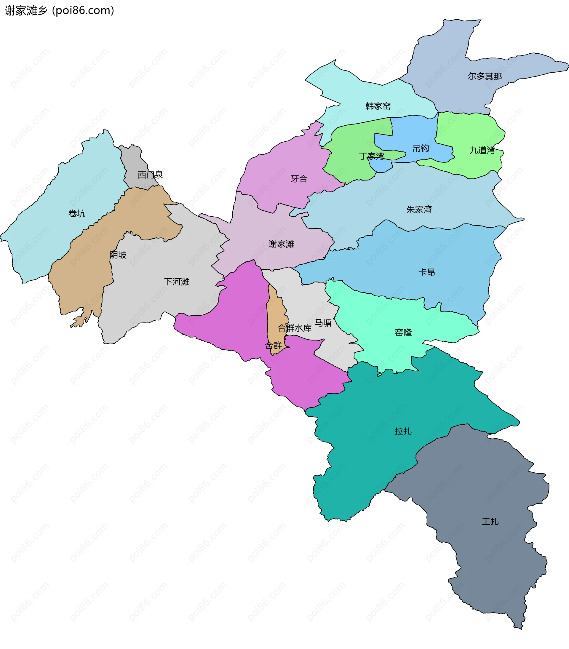 谢家滩乡边界地图(五级行政区划)