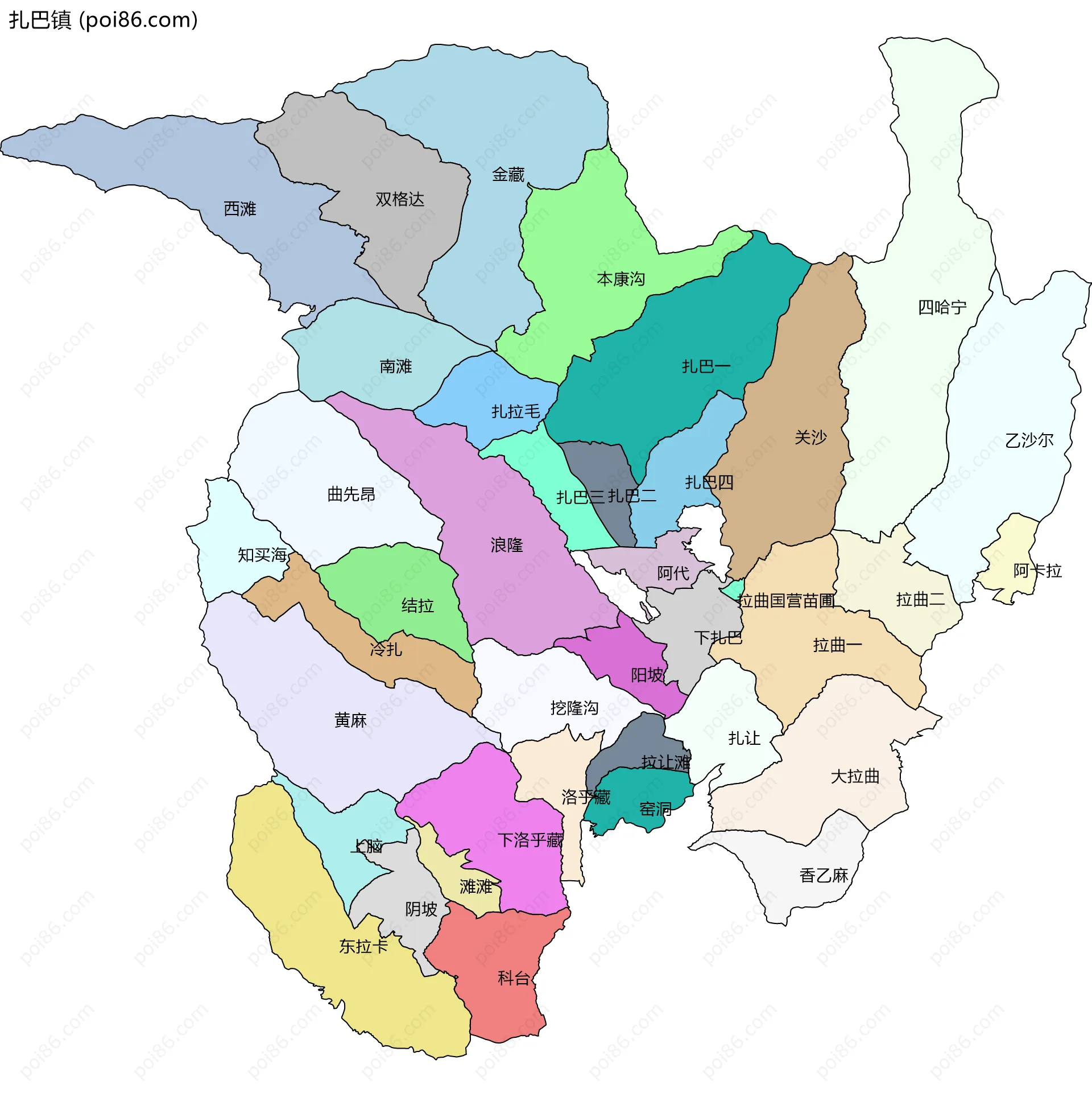 扎巴镇边界地图(五级行政区划)