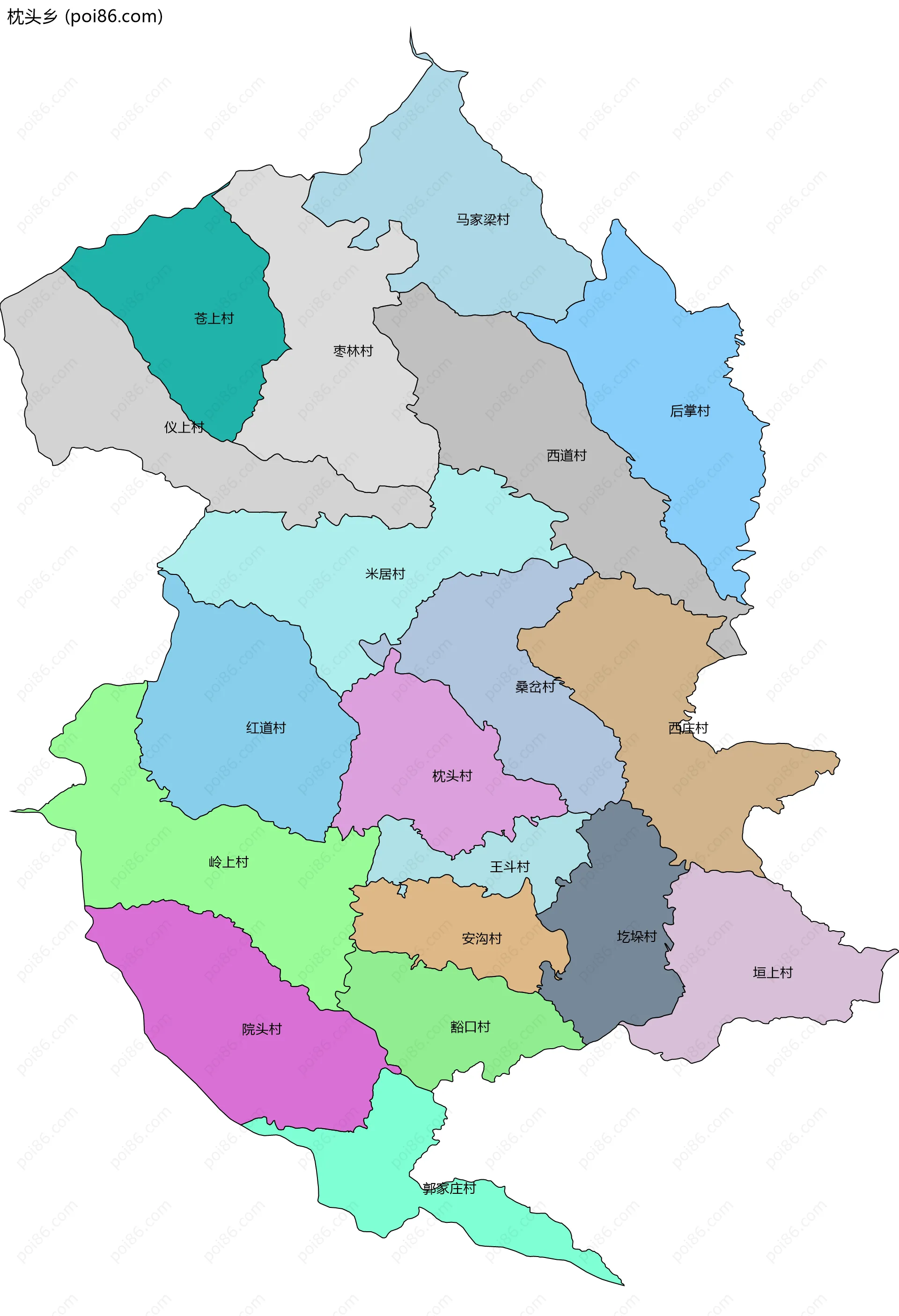 枕头乡边界地图(五级行政区划)