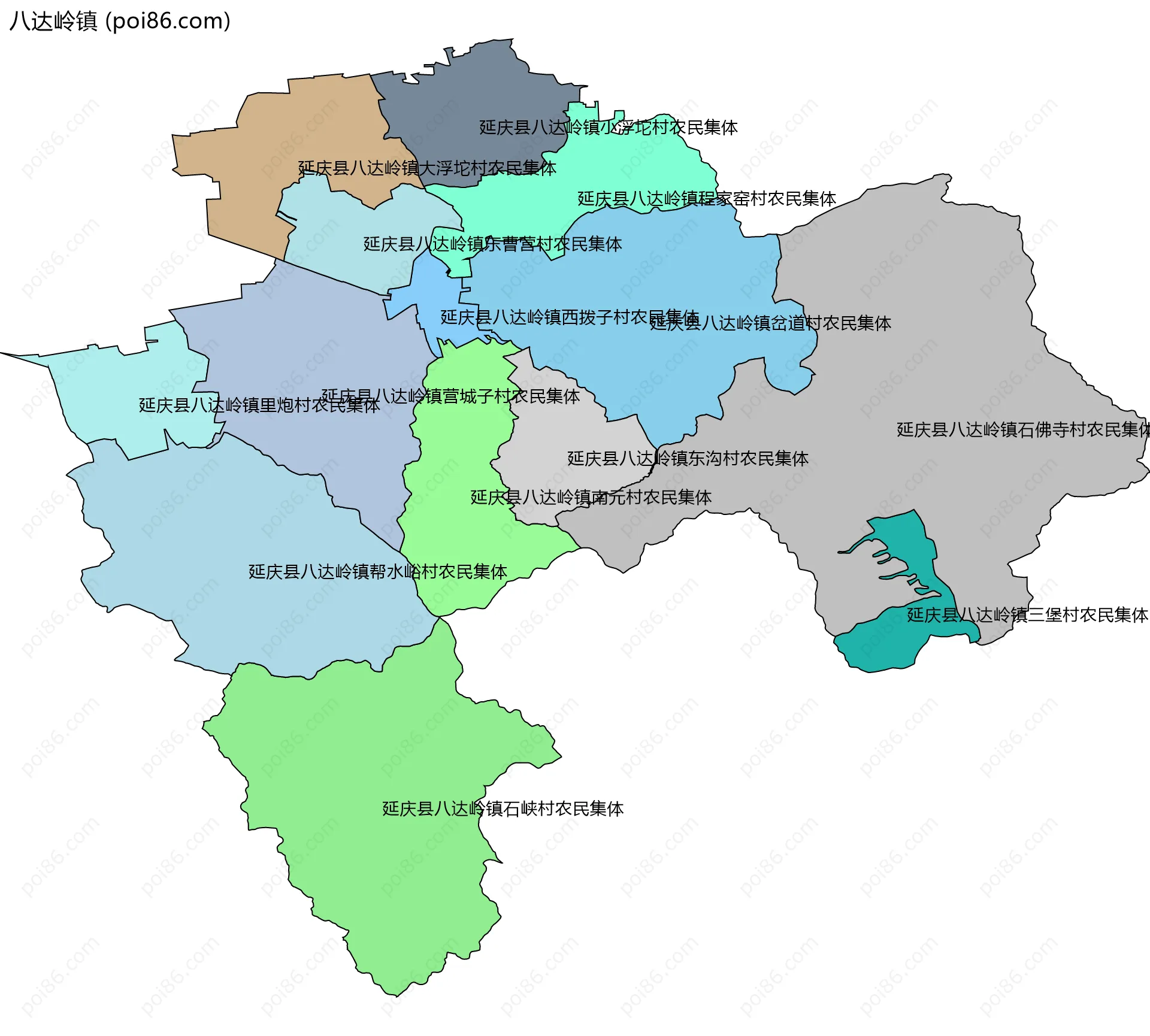 八达岭镇边界地图(五级行政区划)