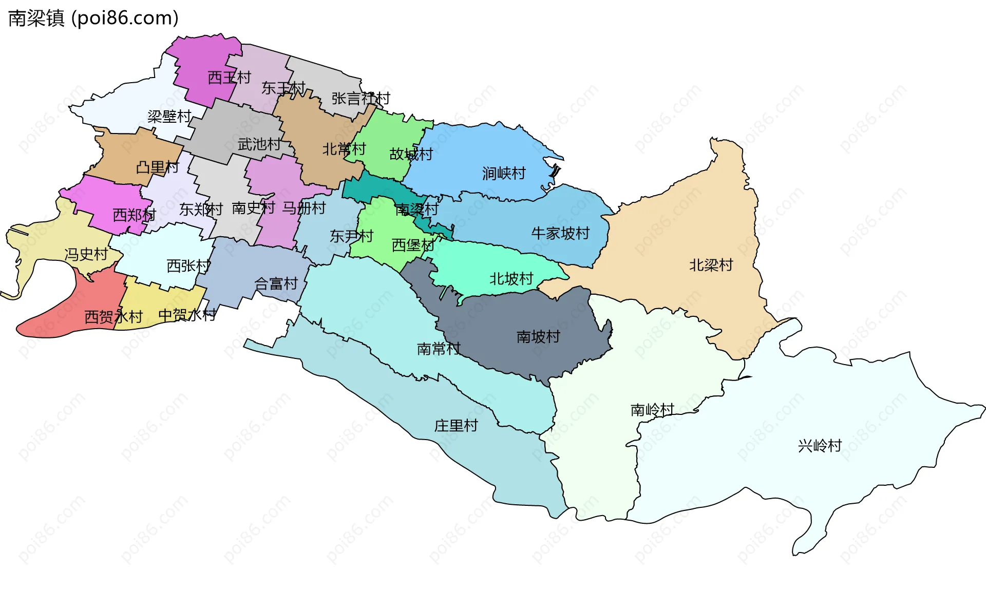 南梁镇边界地图(五级行政区划)