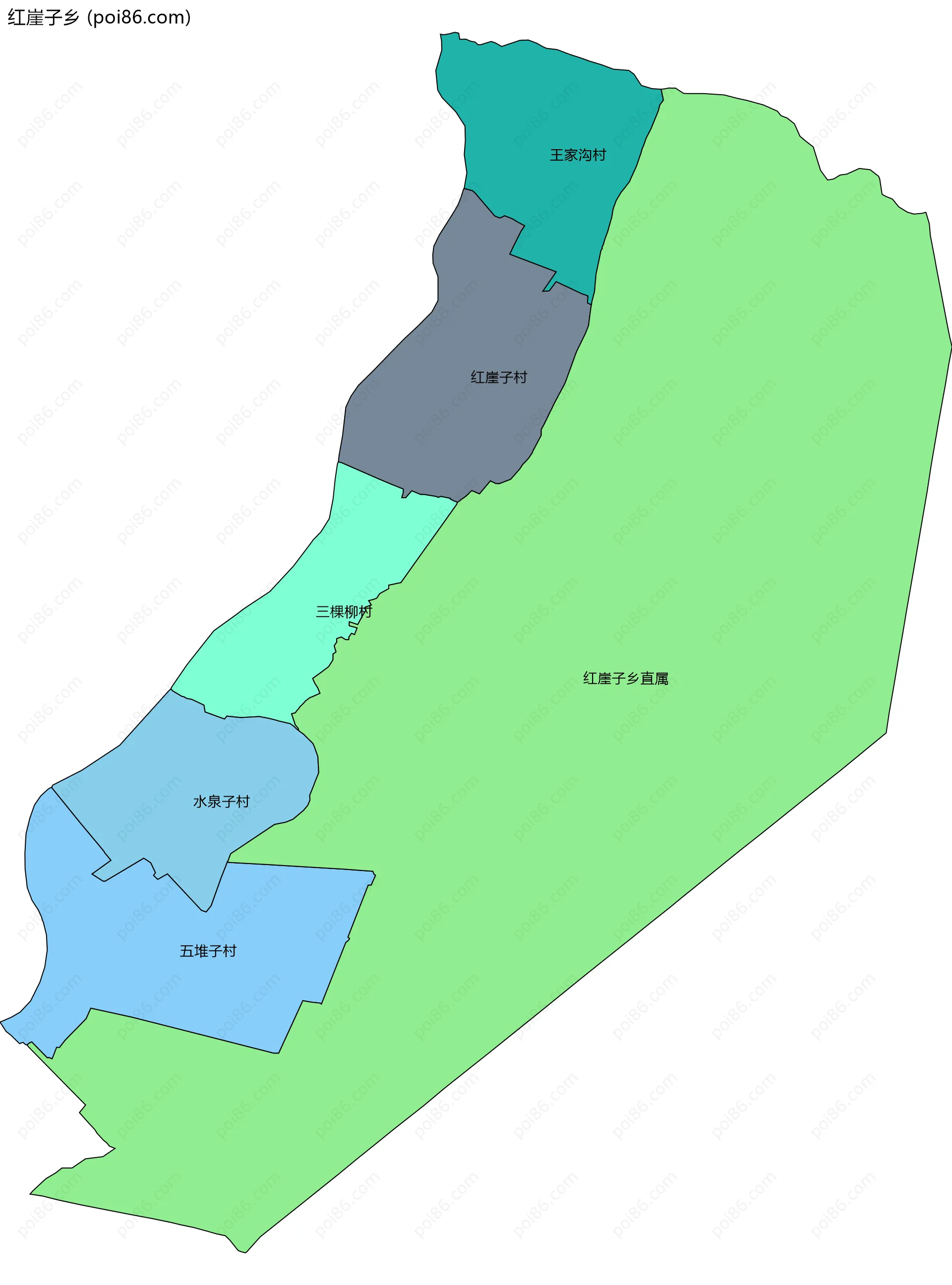 红崖子乡边界地图(五级行政区划)
