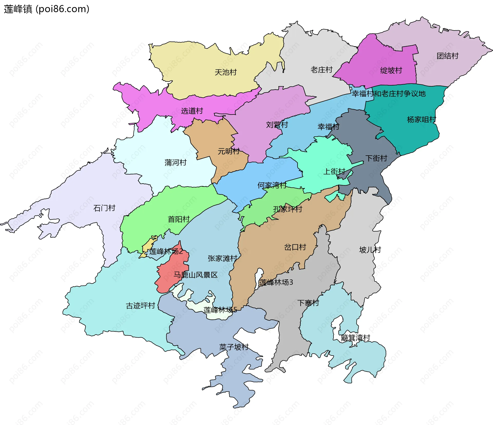 莲峰镇边界地图(五级行政区划)