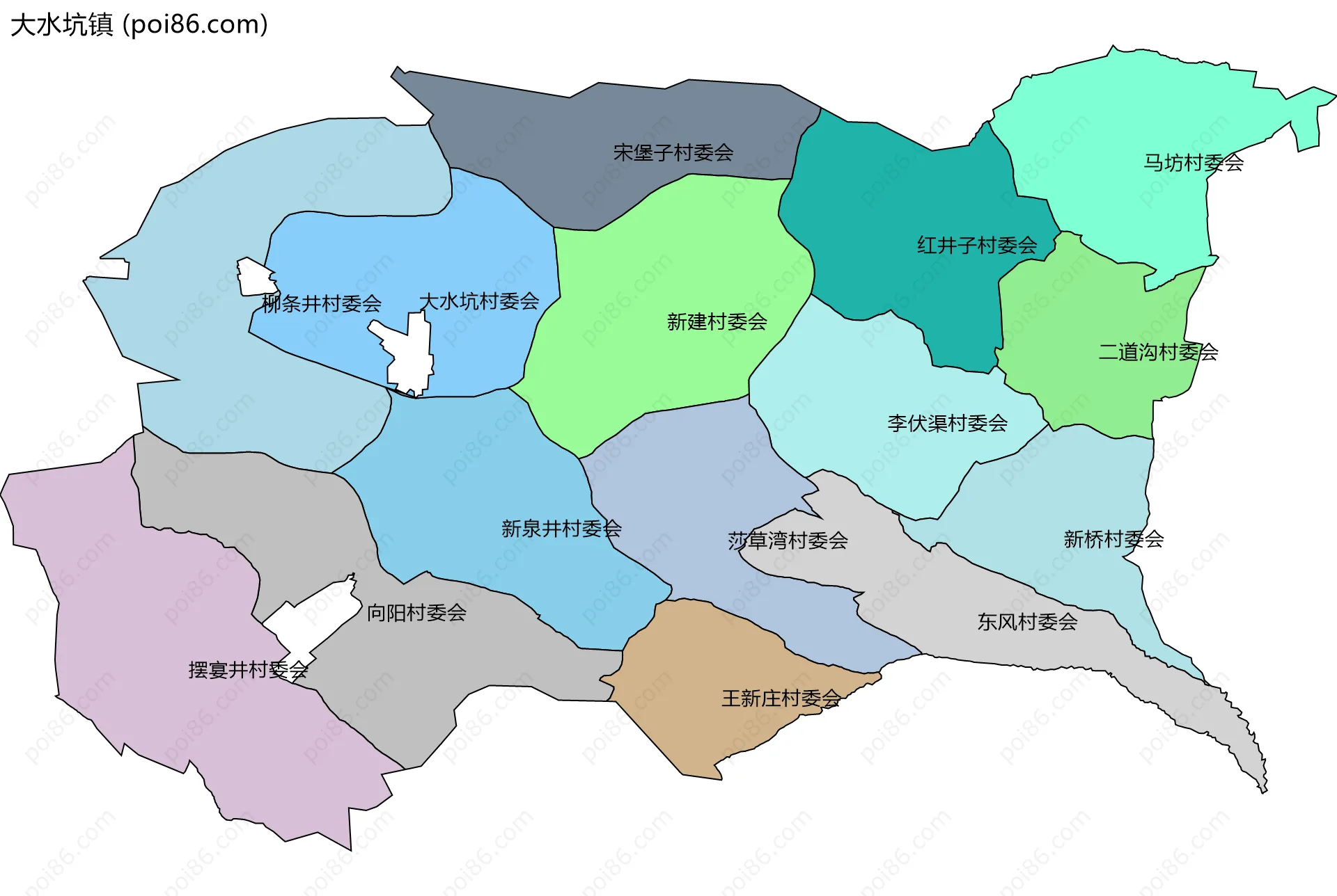 大水坑镇边界地图(五级行政区划)