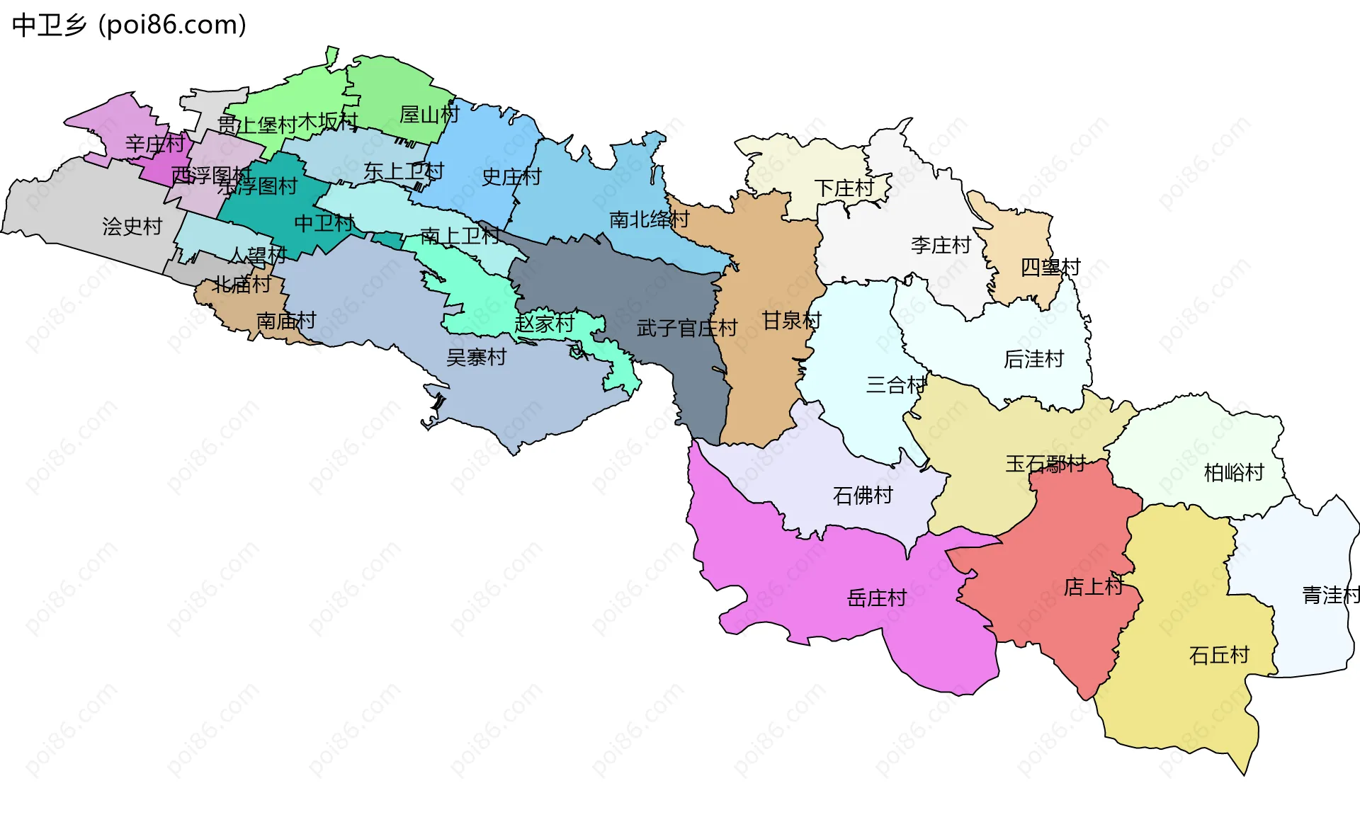 中卫乡边界地图(五级行政区划)