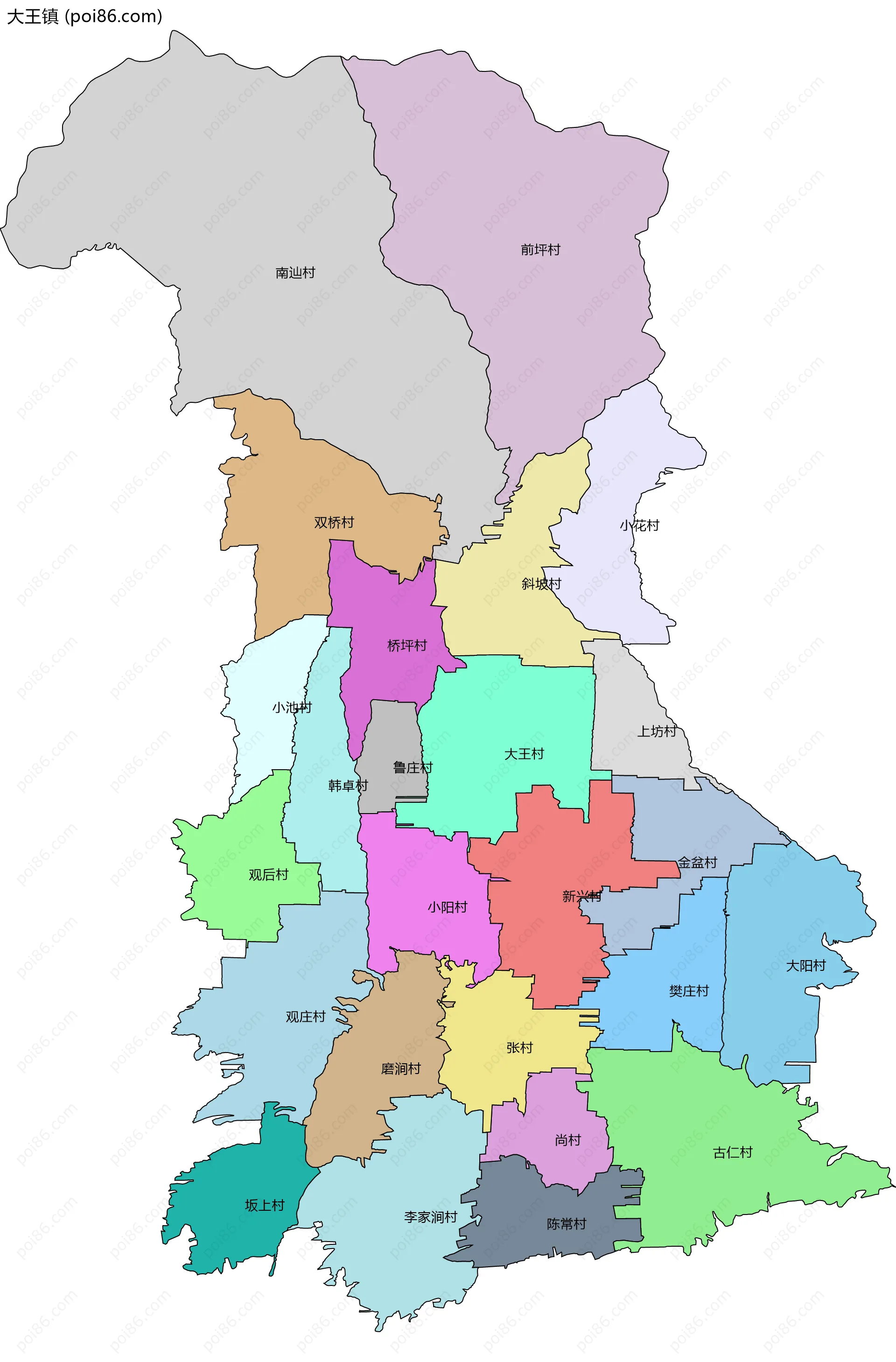 大王镇边界地图(五级行政区划)
