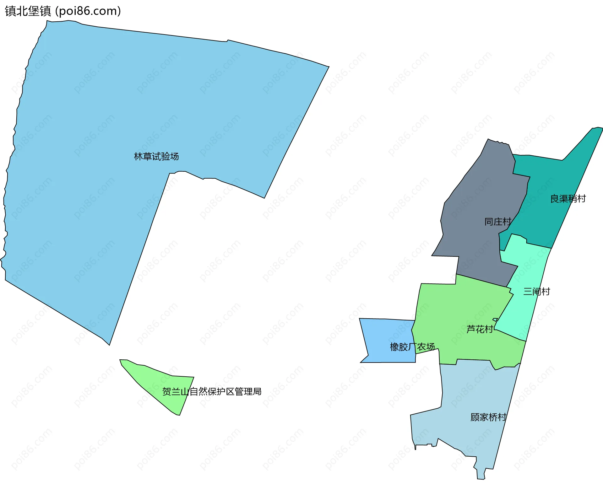 镇北堡镇边界地图(五级行政区划)