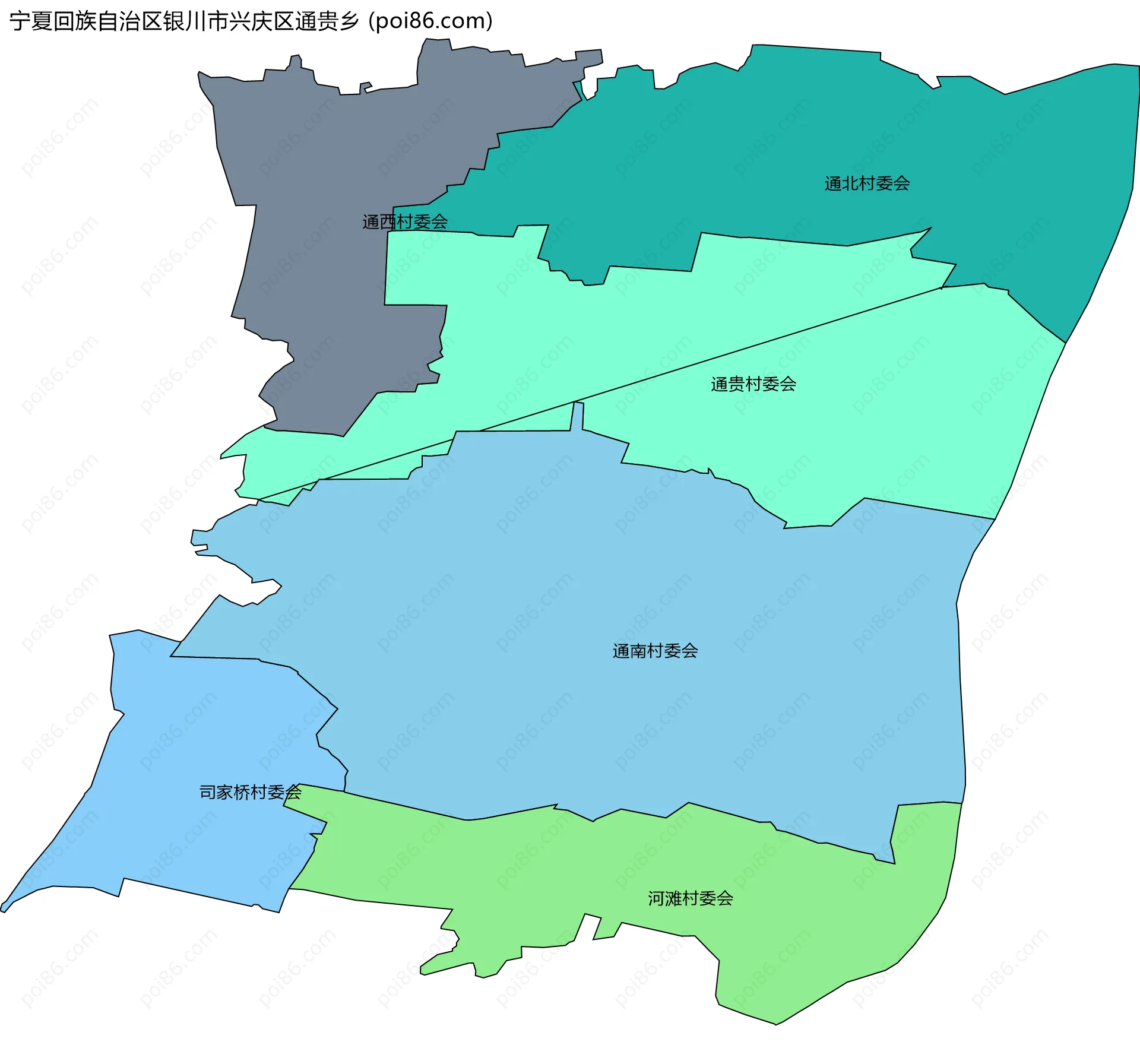 宁夏回族自治区银川市兴庆区通贵乡边界地图(五级行政区划)