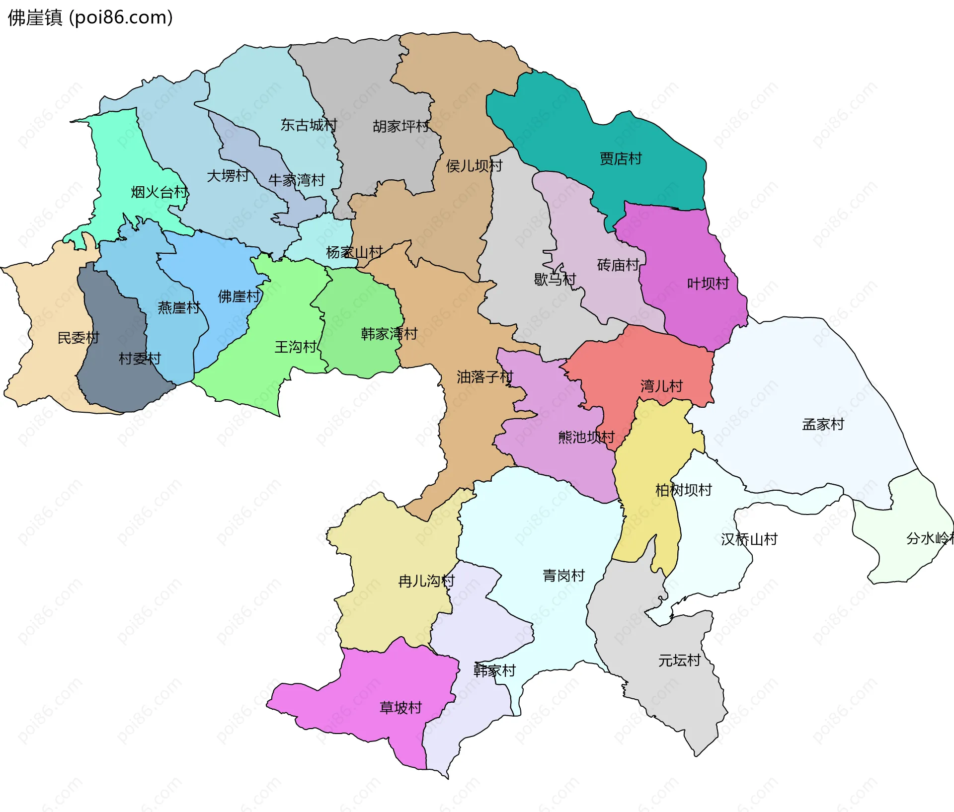 佛崖镇边界地图(五级行政区划)