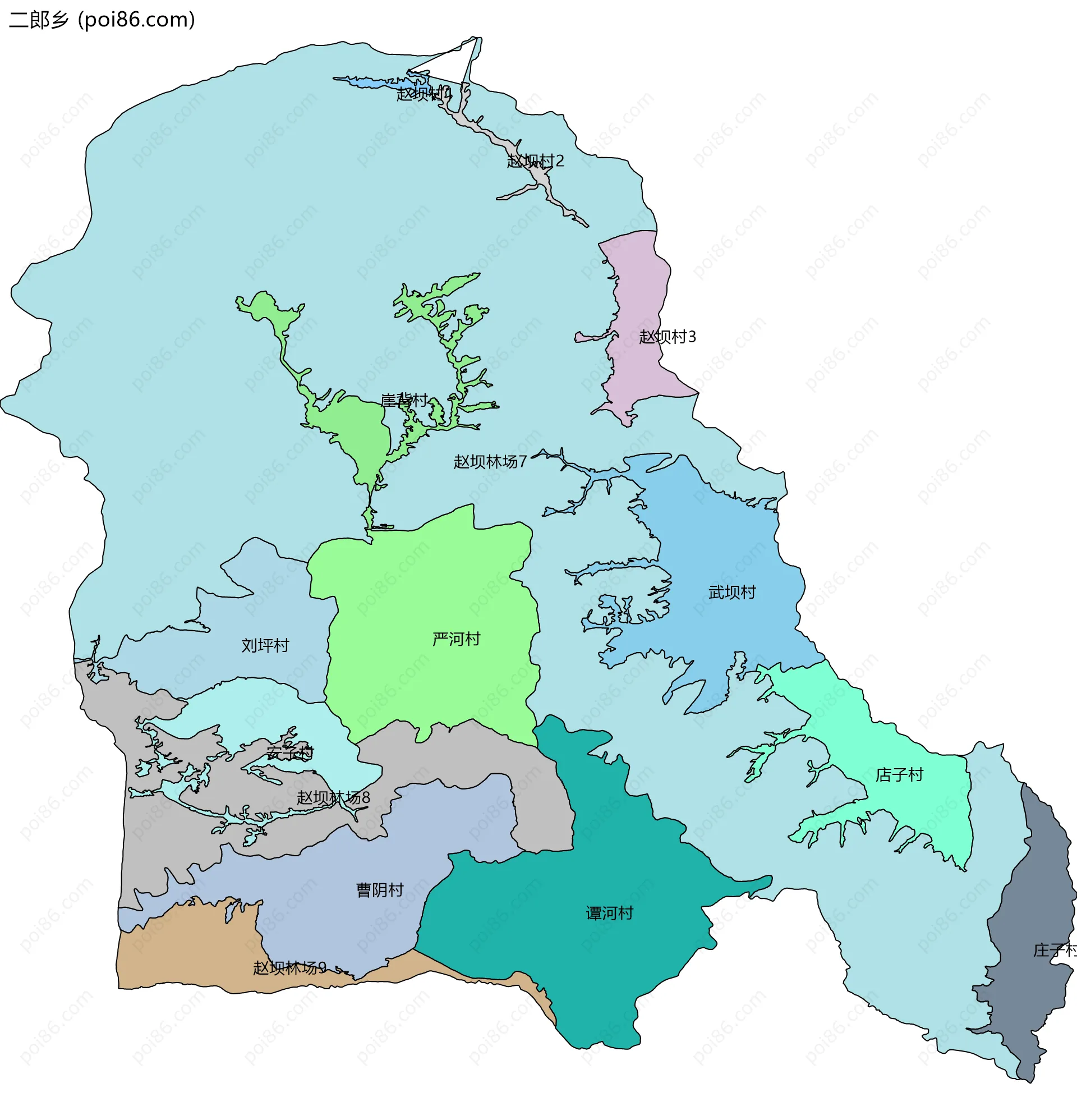 二郎乡边界地图(五级行政区划)