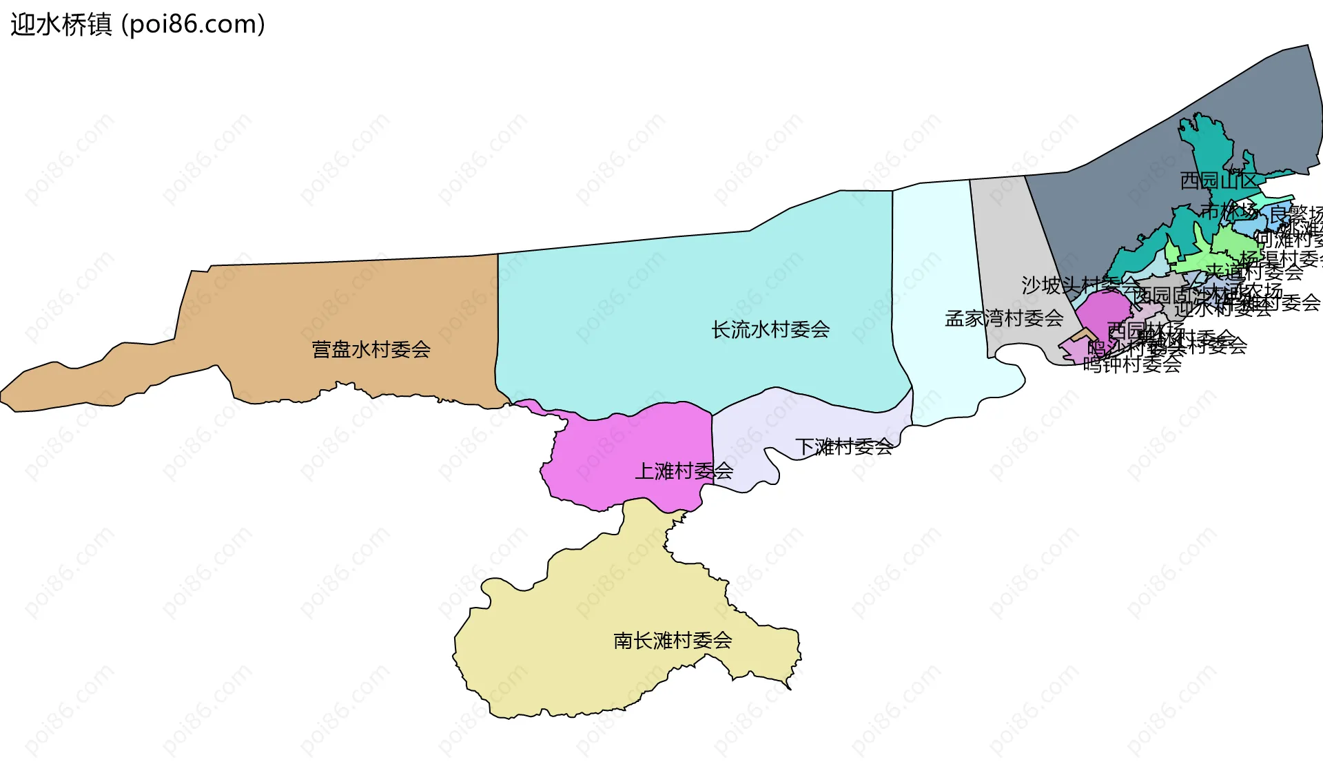 迎水桥镇边界地图(五级行政区划)